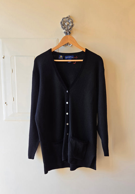 Black ribbed wool cardigan w velvet trim