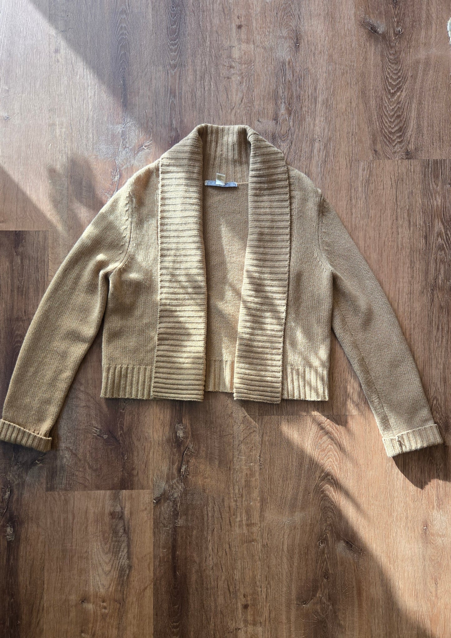 Camel shawl collar cashmere open sweater