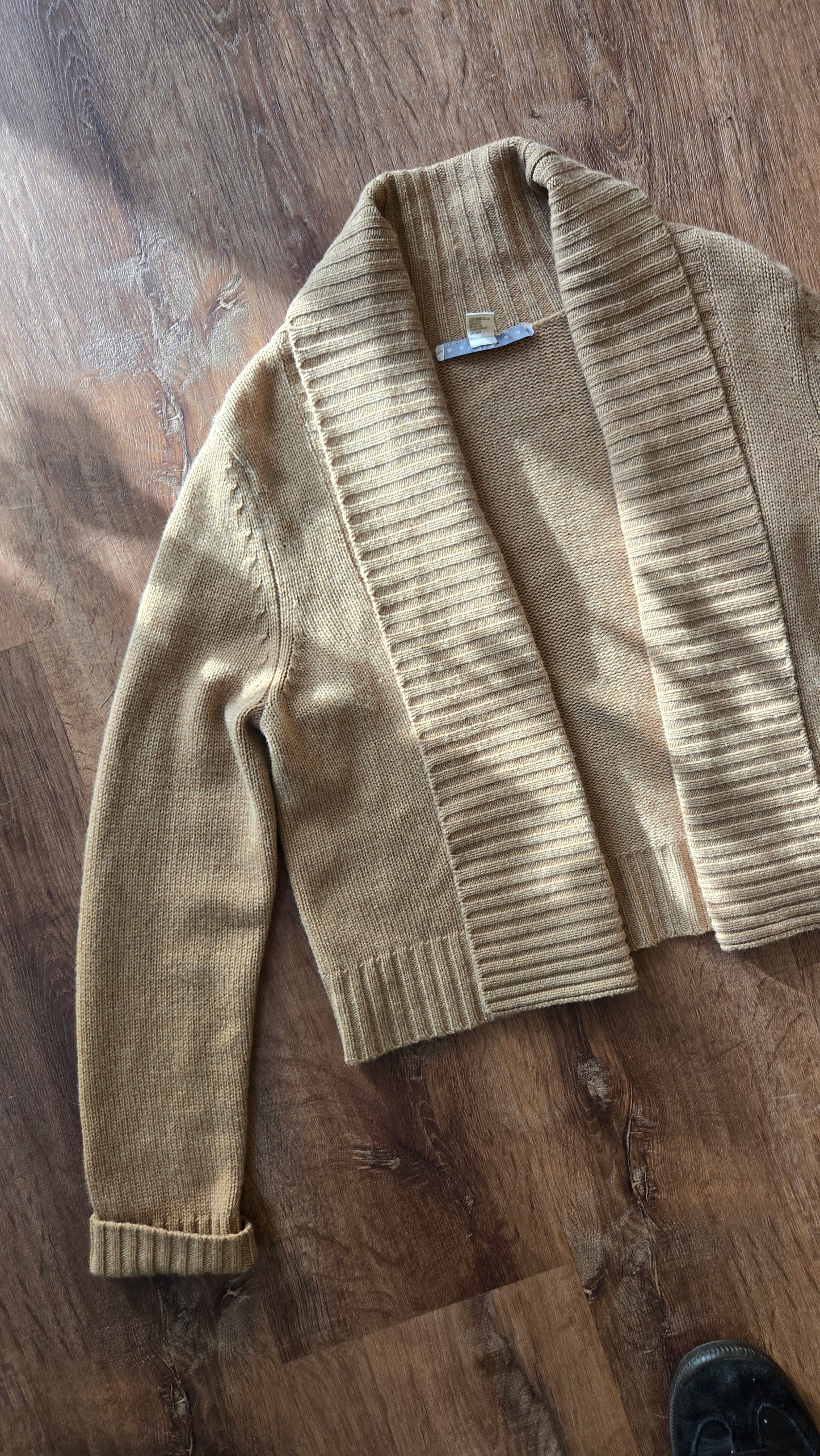 Camel shawl collar cashmere open sweater