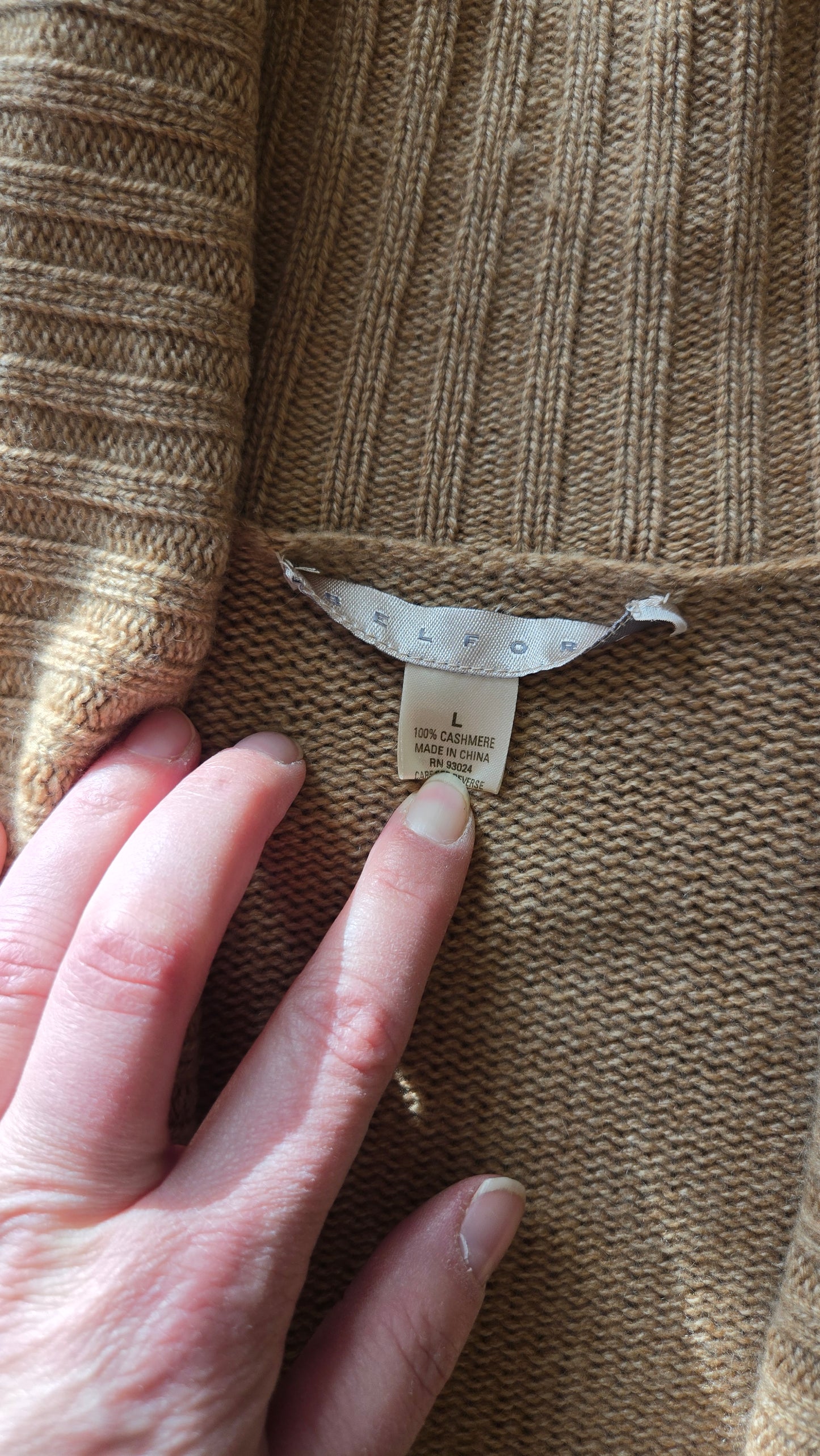 Camel shawl collar cashmere open sweater