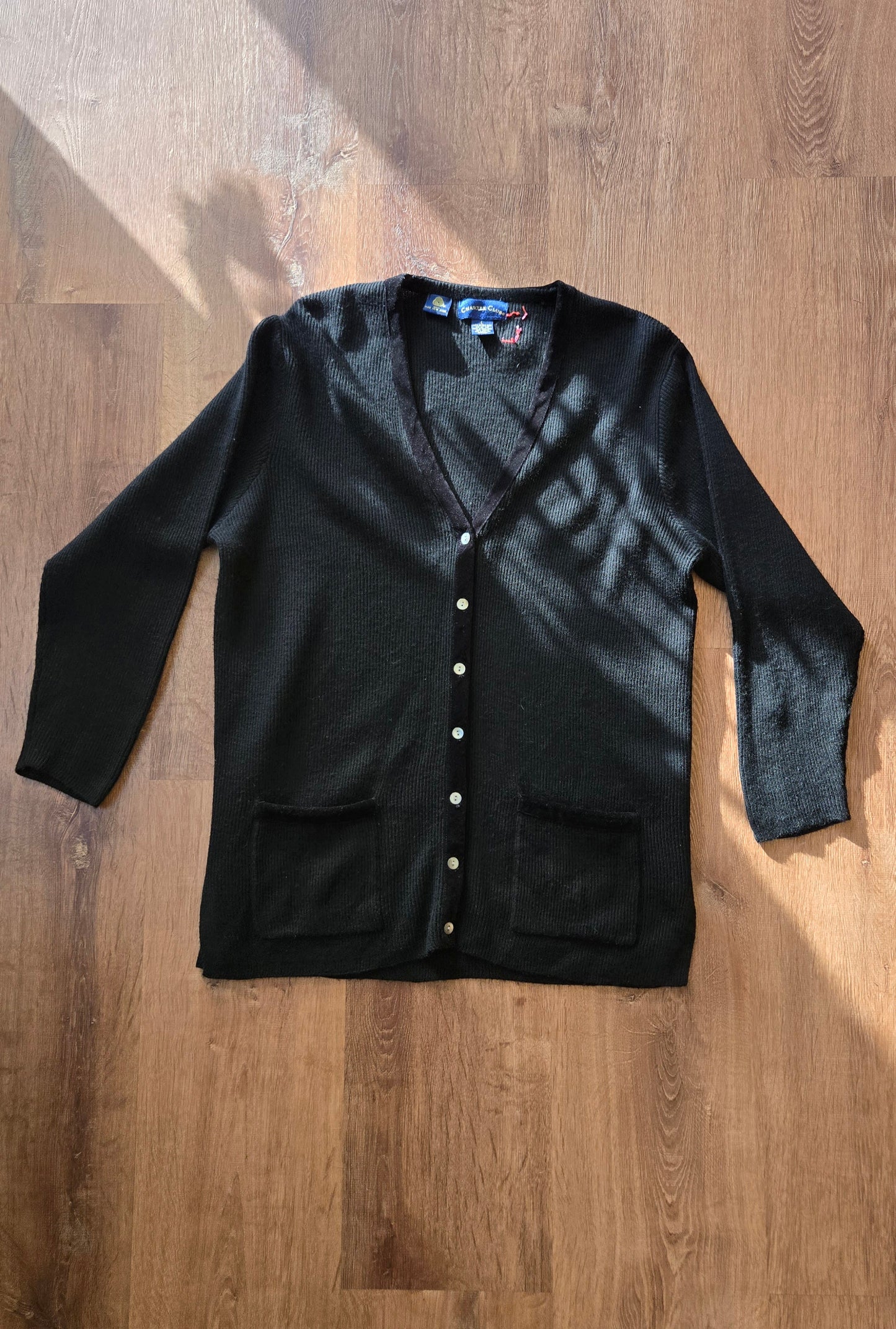 Black ribbed wool cardigan w velvet trim