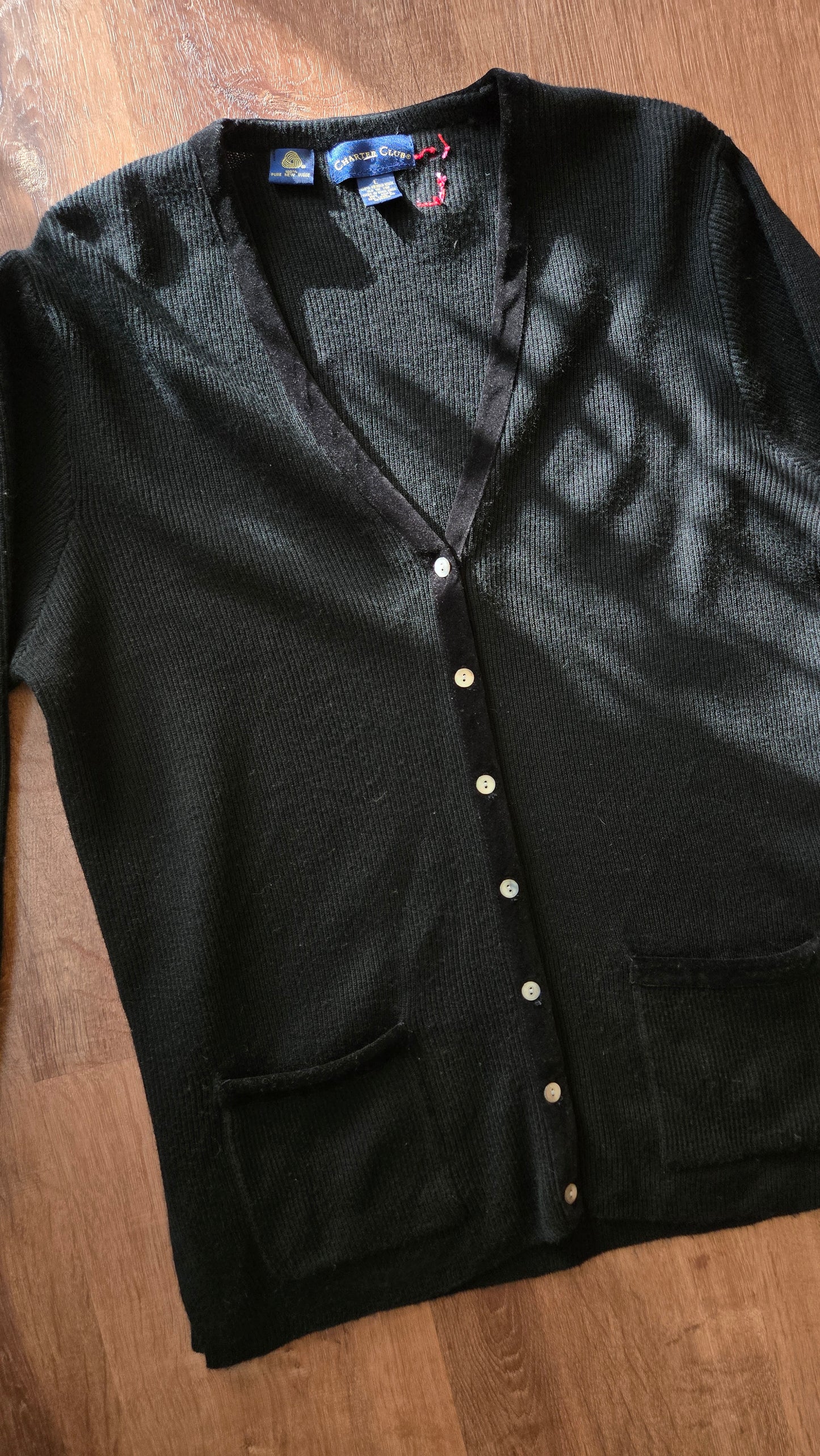 Black ribbed wool cardigan w velvet trim