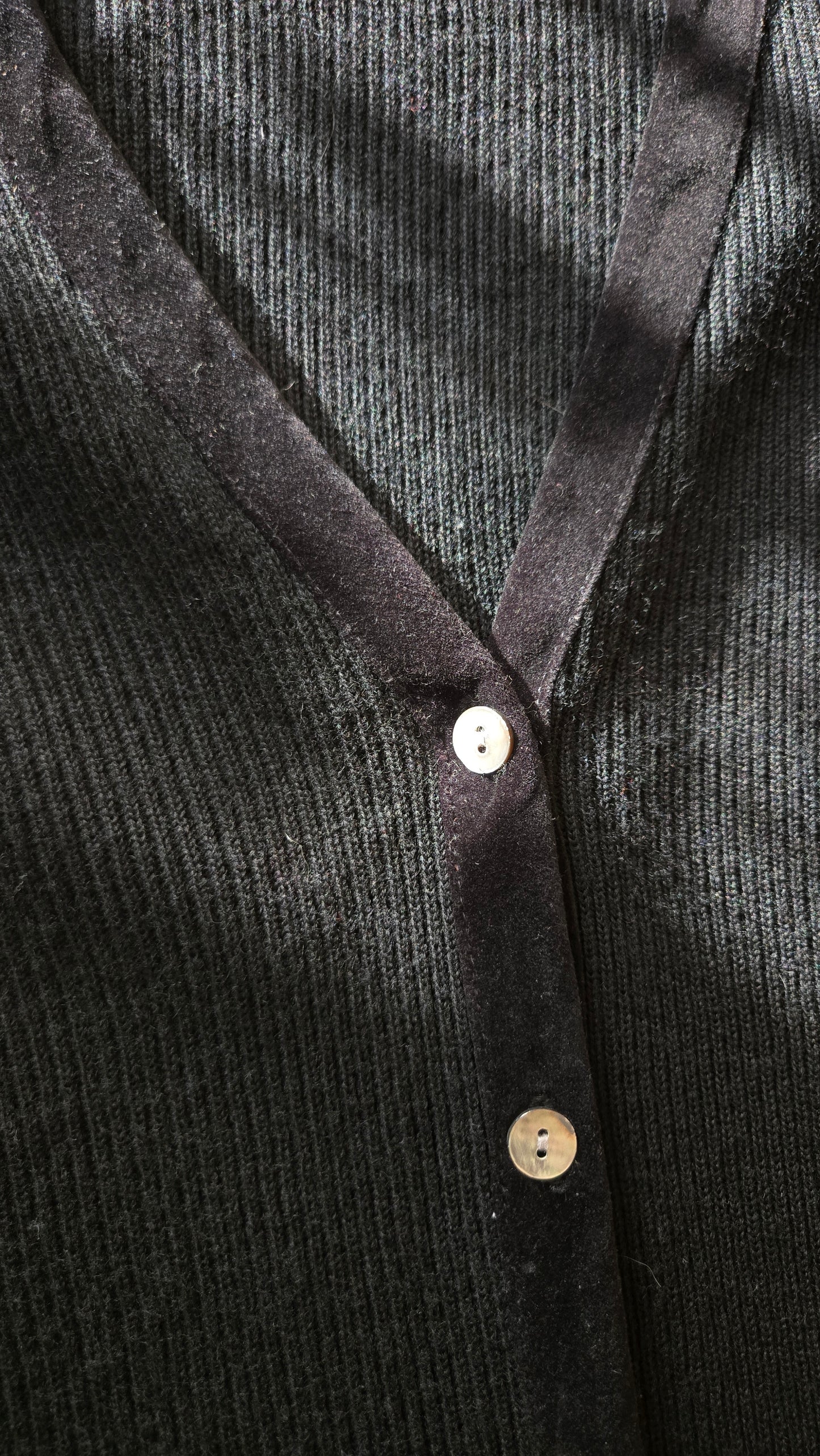 Black ribbed wool cardigan w velvet trim
