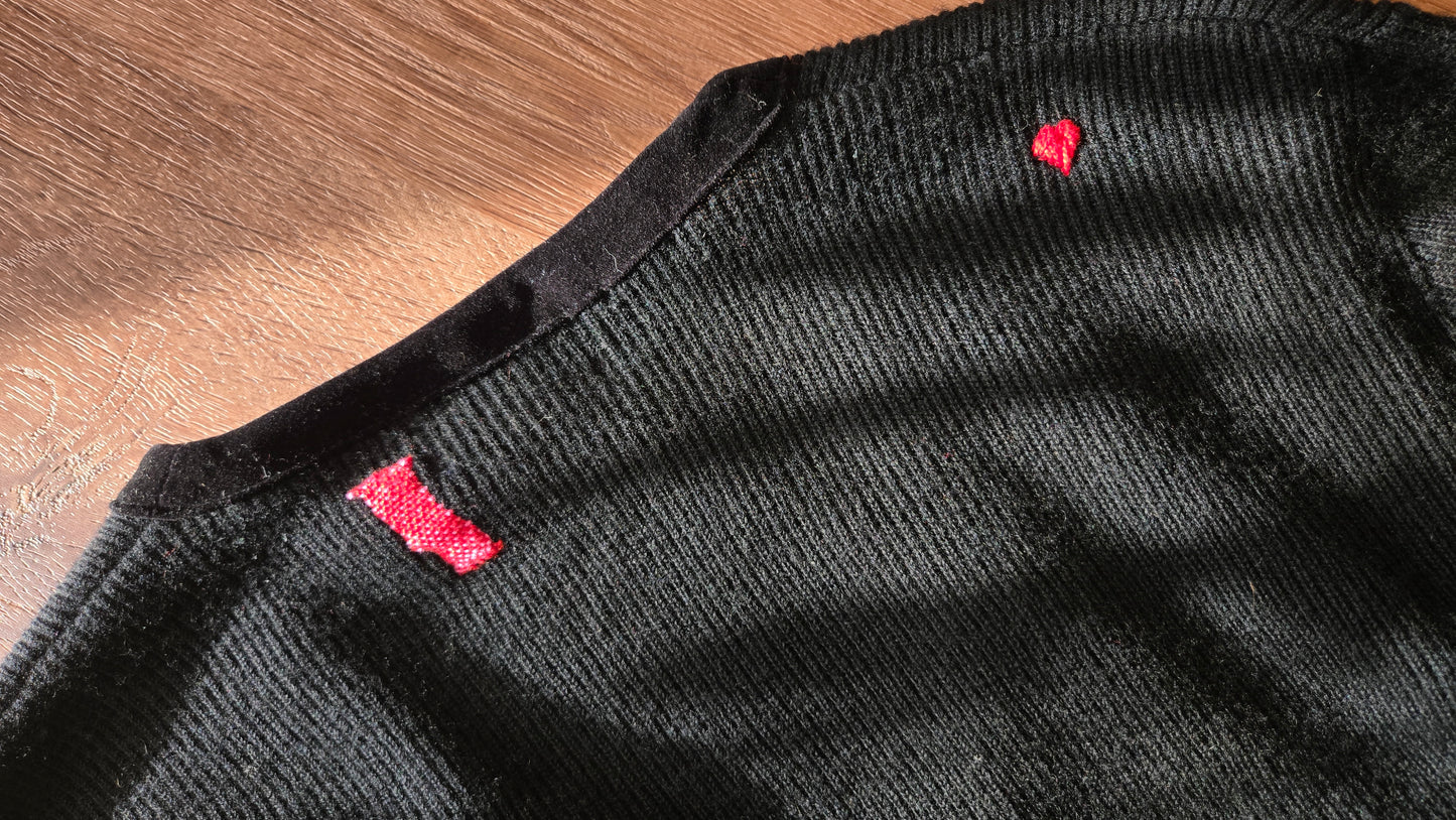 Black ribbed wool cardigan w velvet trim