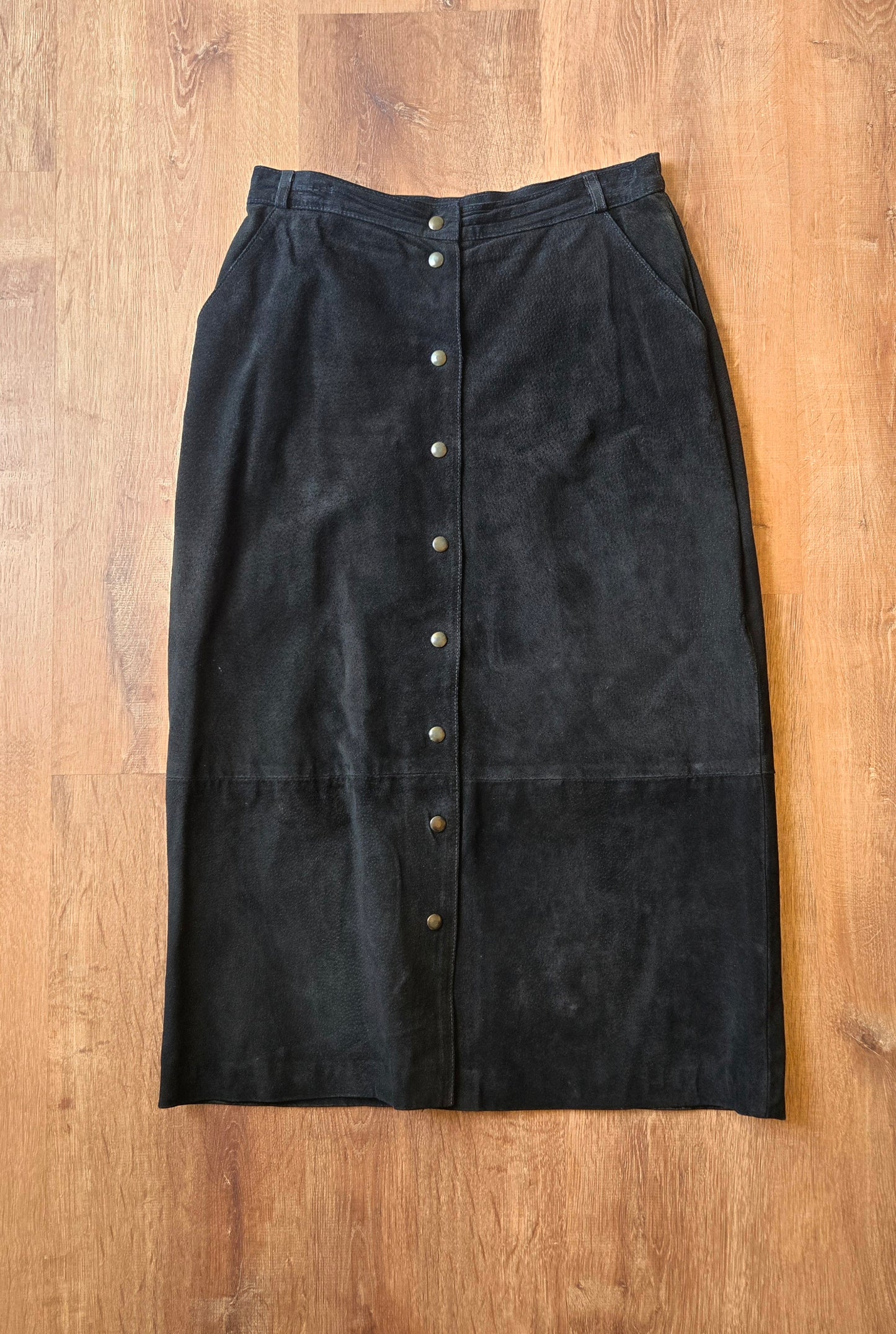 Black button-front suede skirt