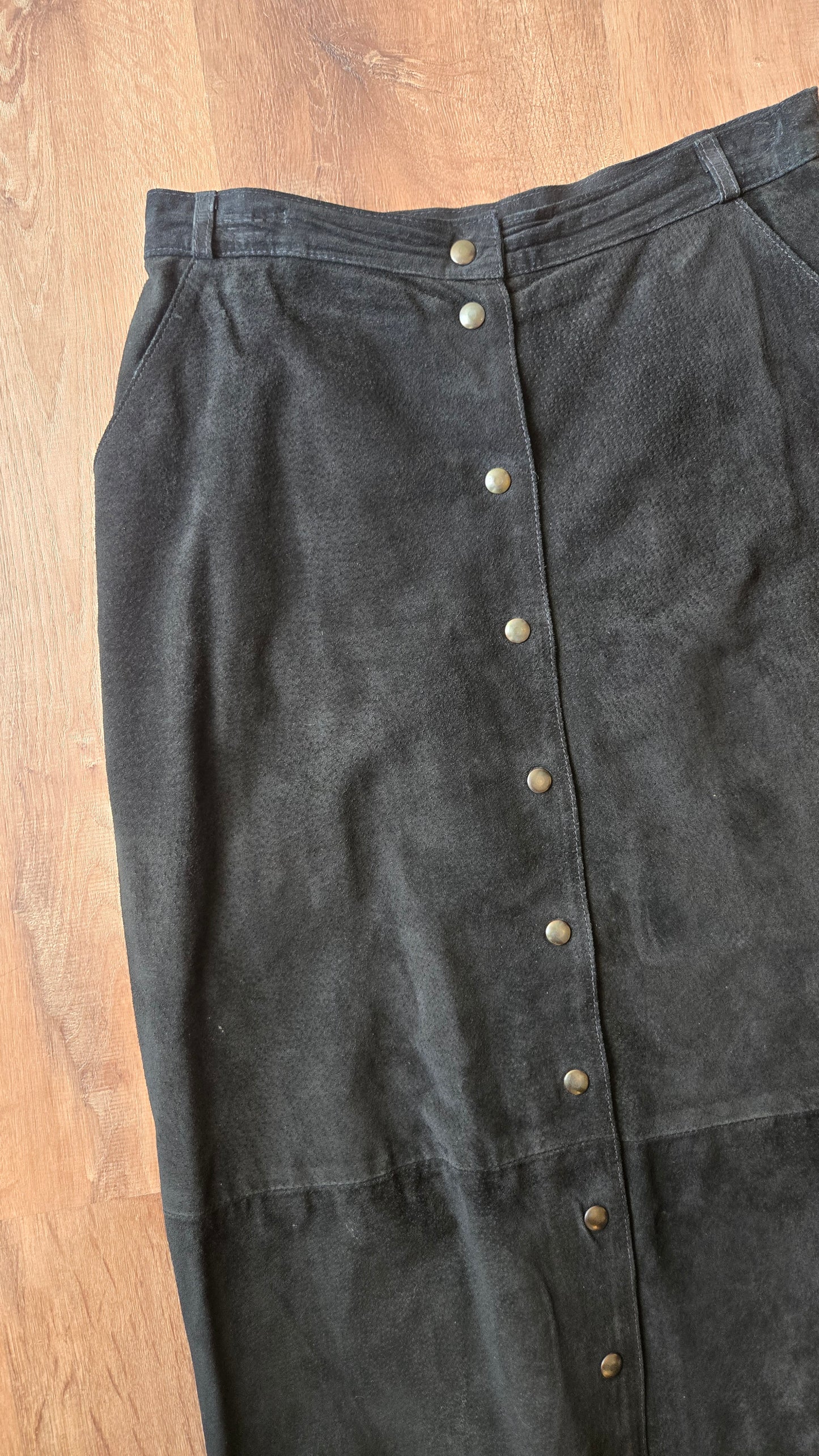 Black button-front suede skirt