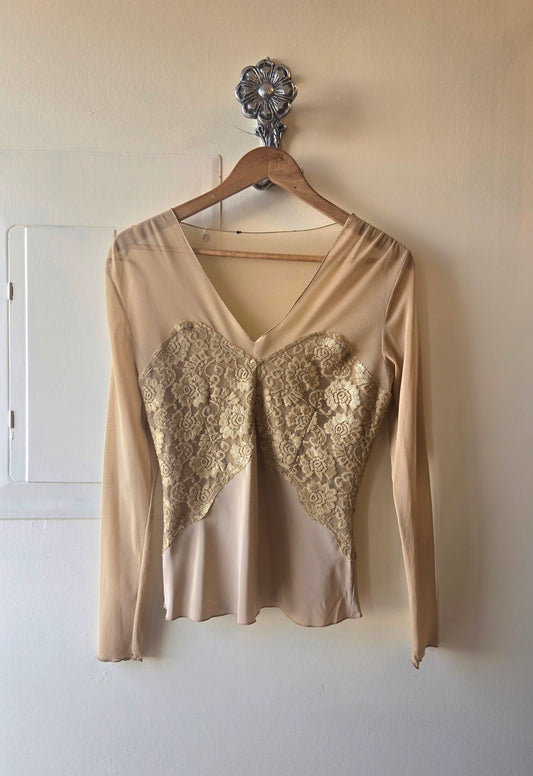 Tan sheer-top lace silk blouse