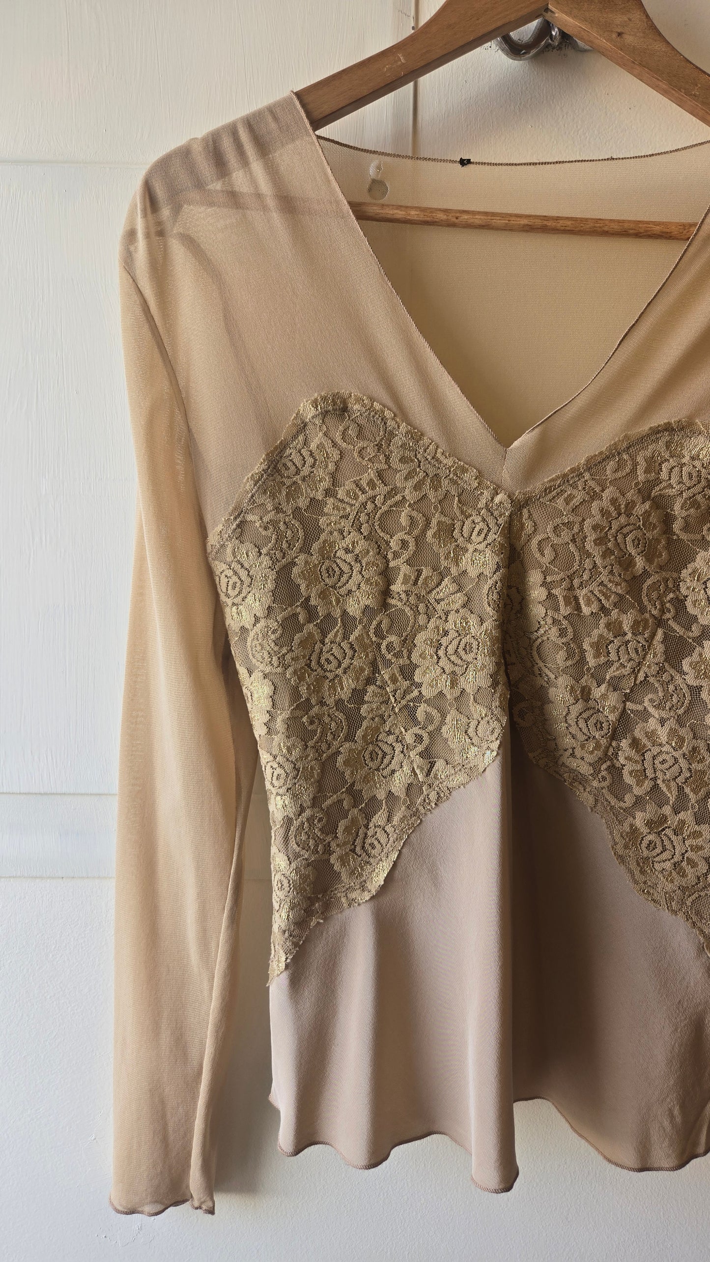 Tan sheer-top lace silk blouse
