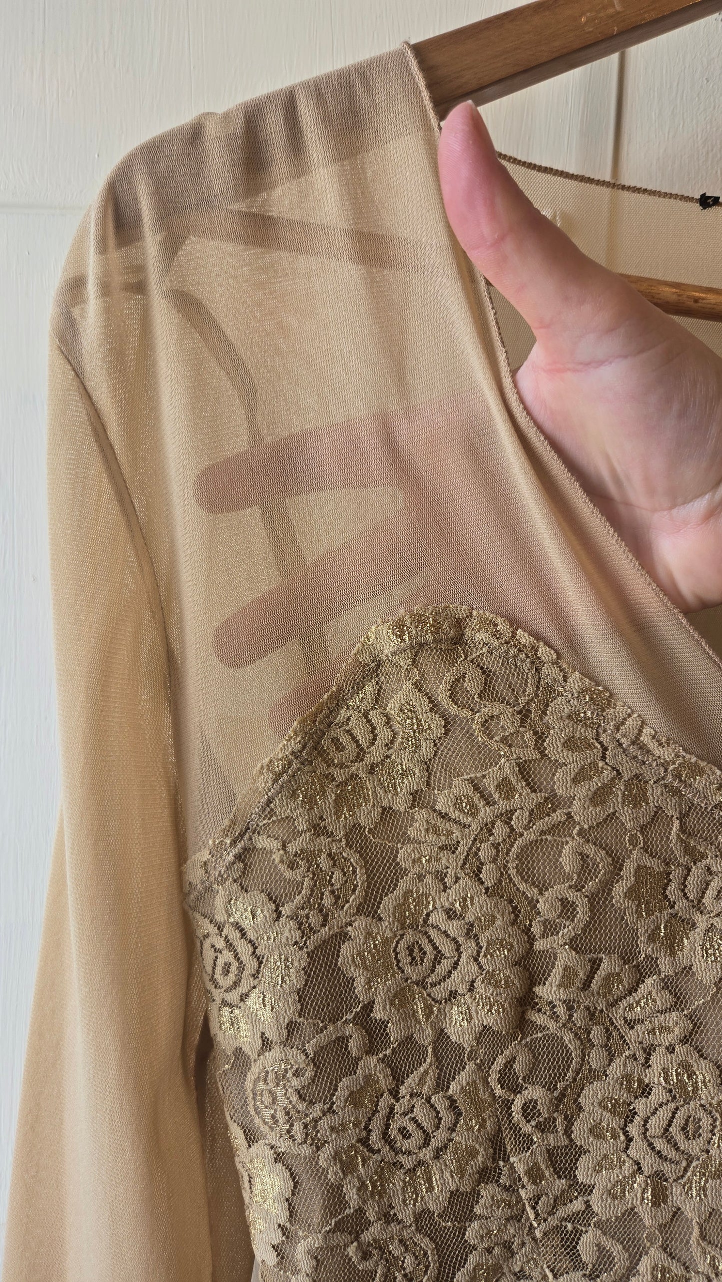Tan sheer-top lace silk blouse