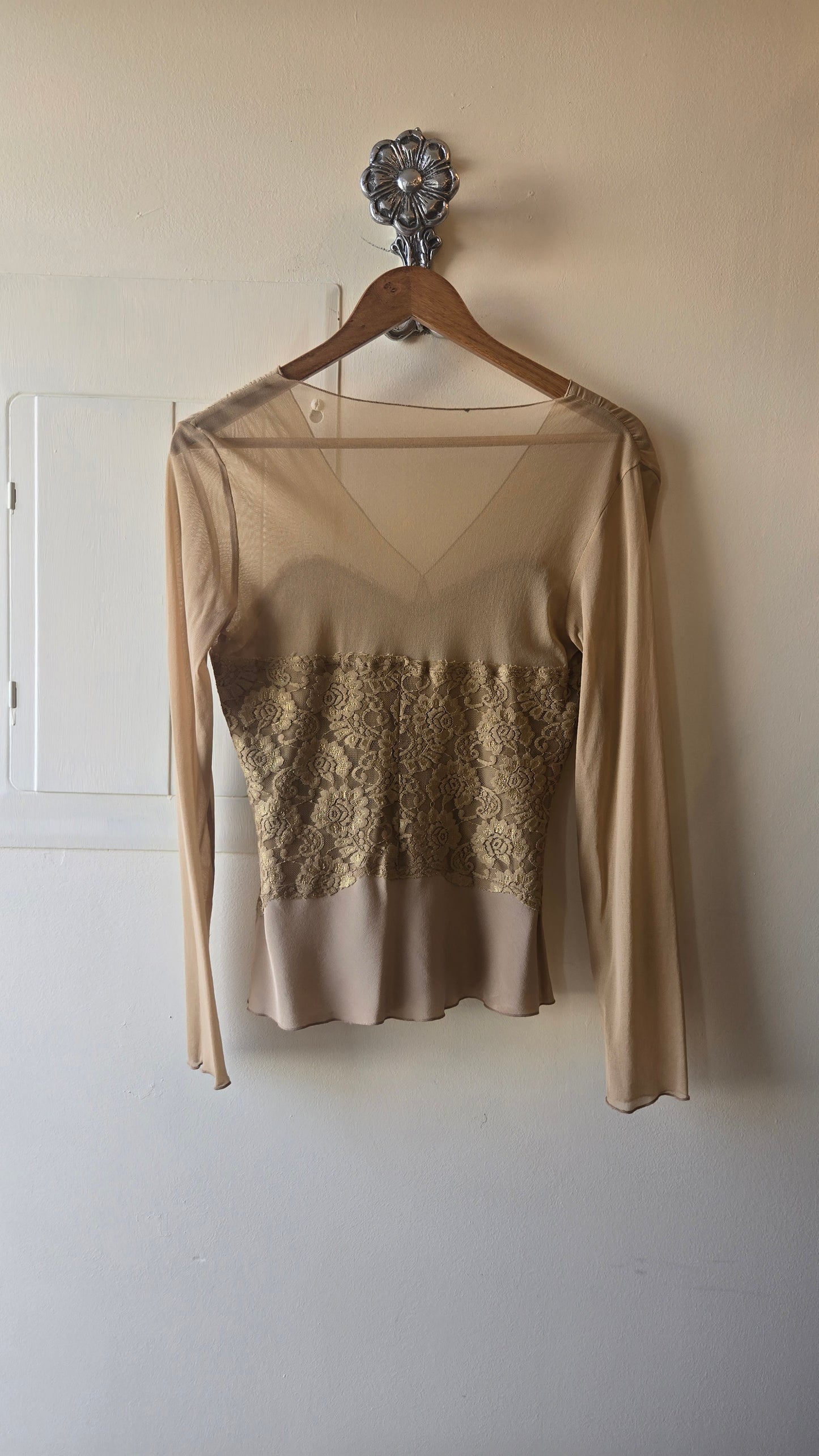 Tan sheer-top lace silk blouse