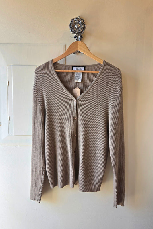 Taupe ribbed vneck cardigan