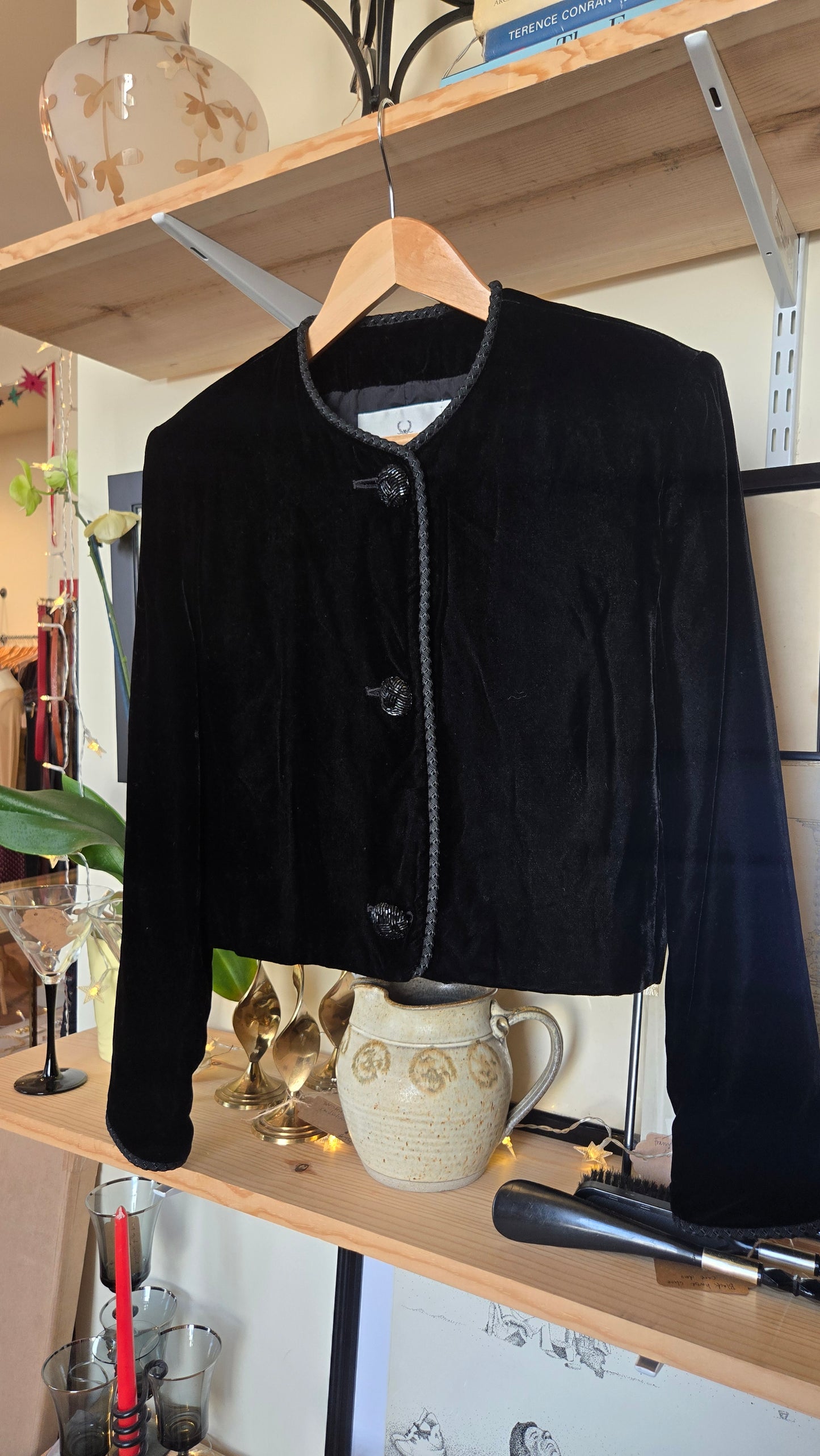Alfred Sung black velvet jacket w beaded buttons