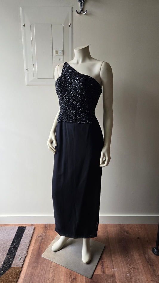 Mike Benet black one shoulder sequin gown