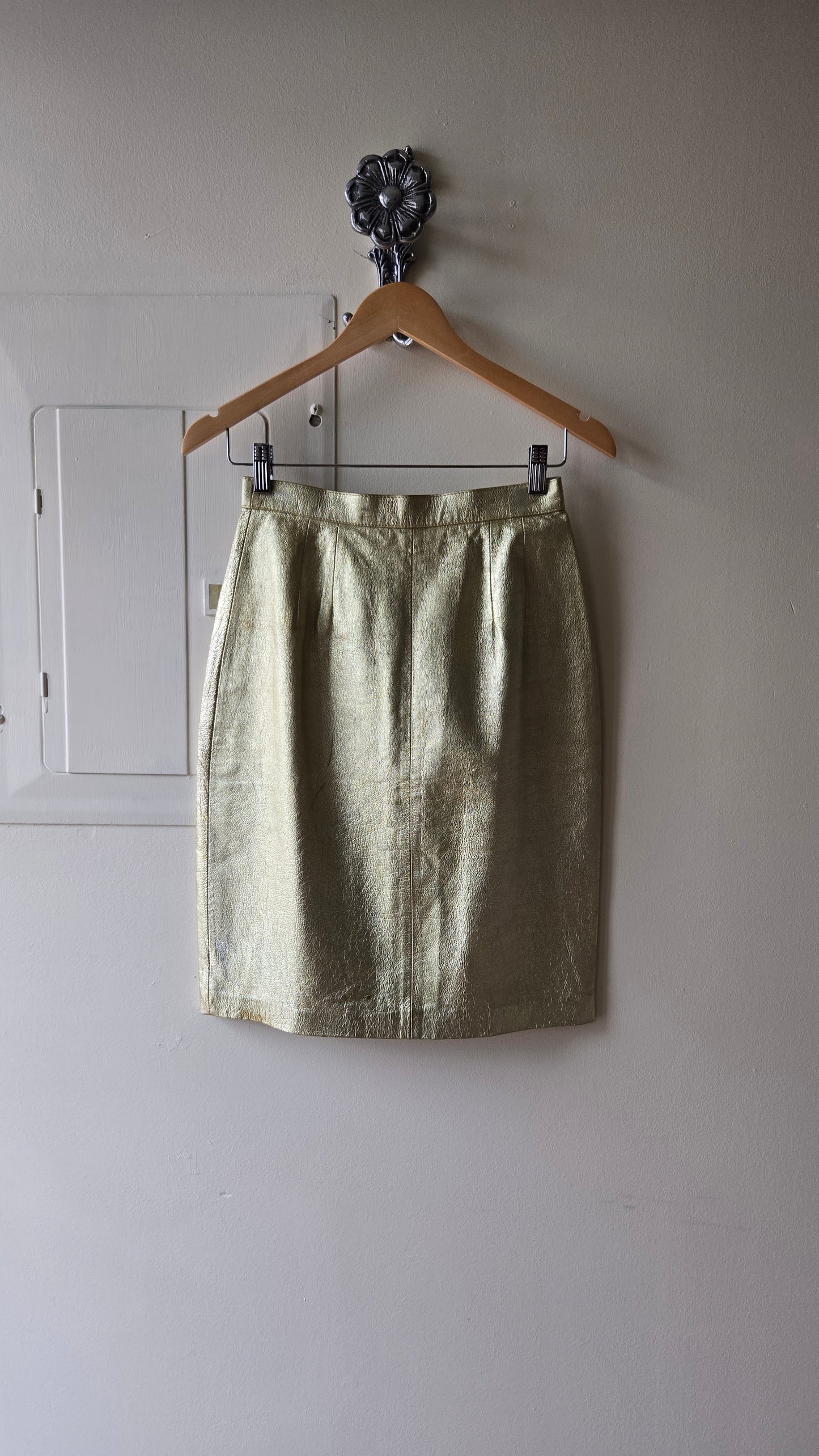 Gold leather pencil skirt
