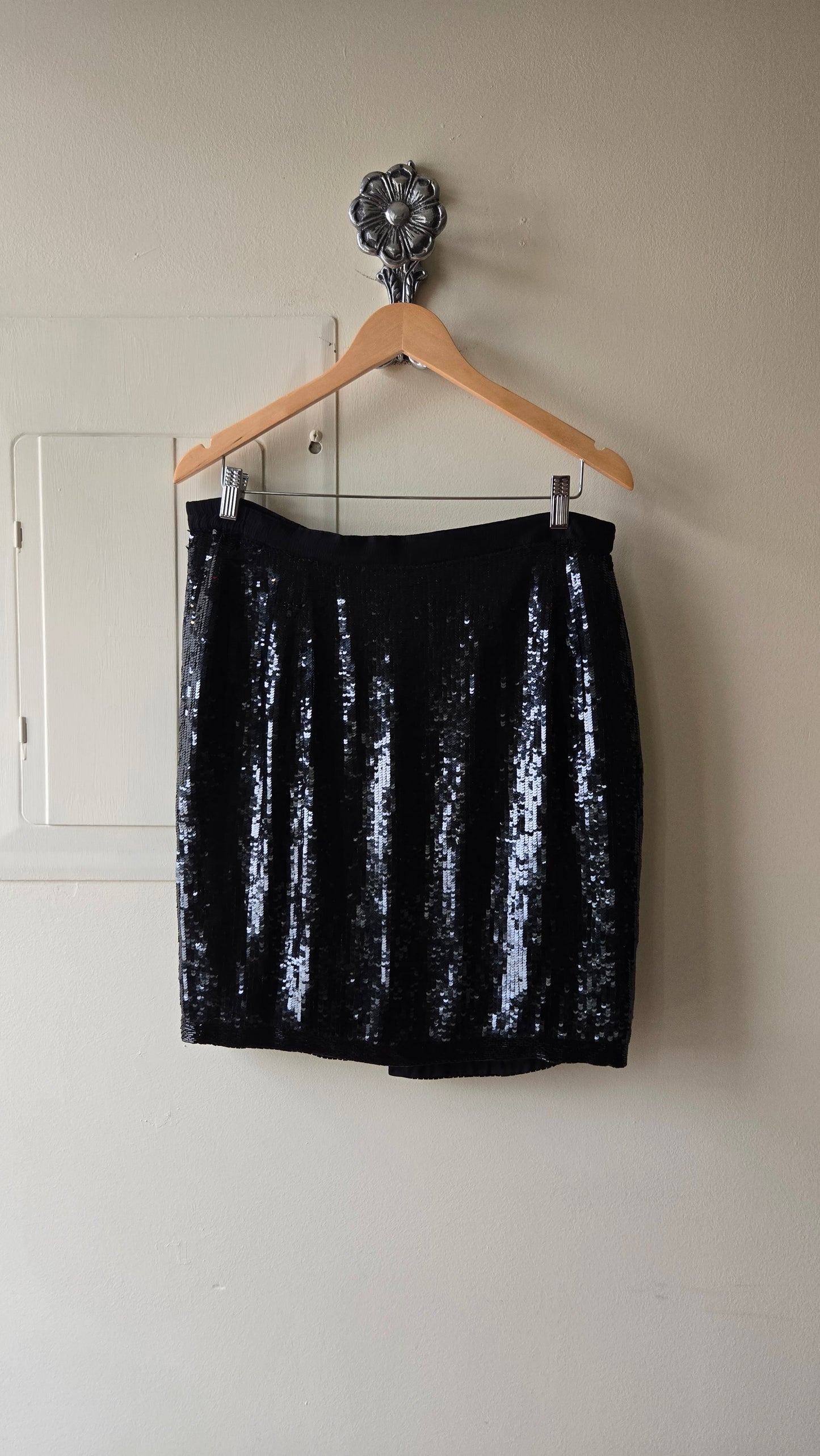 Black silk sequin skirt w beaded trim