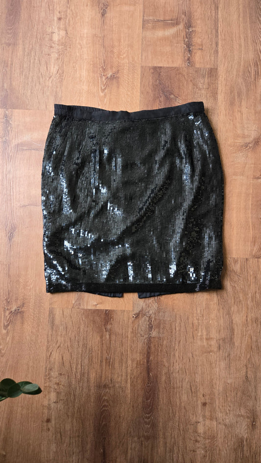 Black silk sequin skirt w beaded trim
