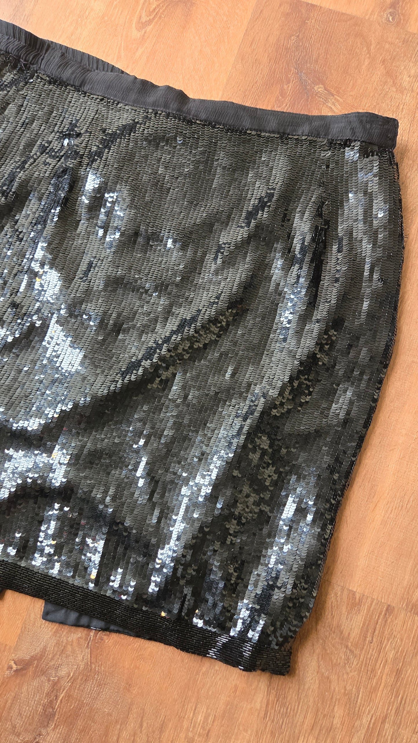Black silk sequin skirt w beaded trim