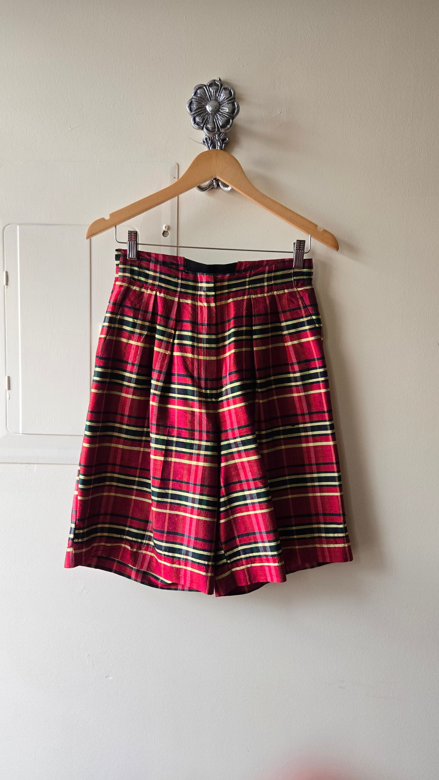Red silk plaid shorts