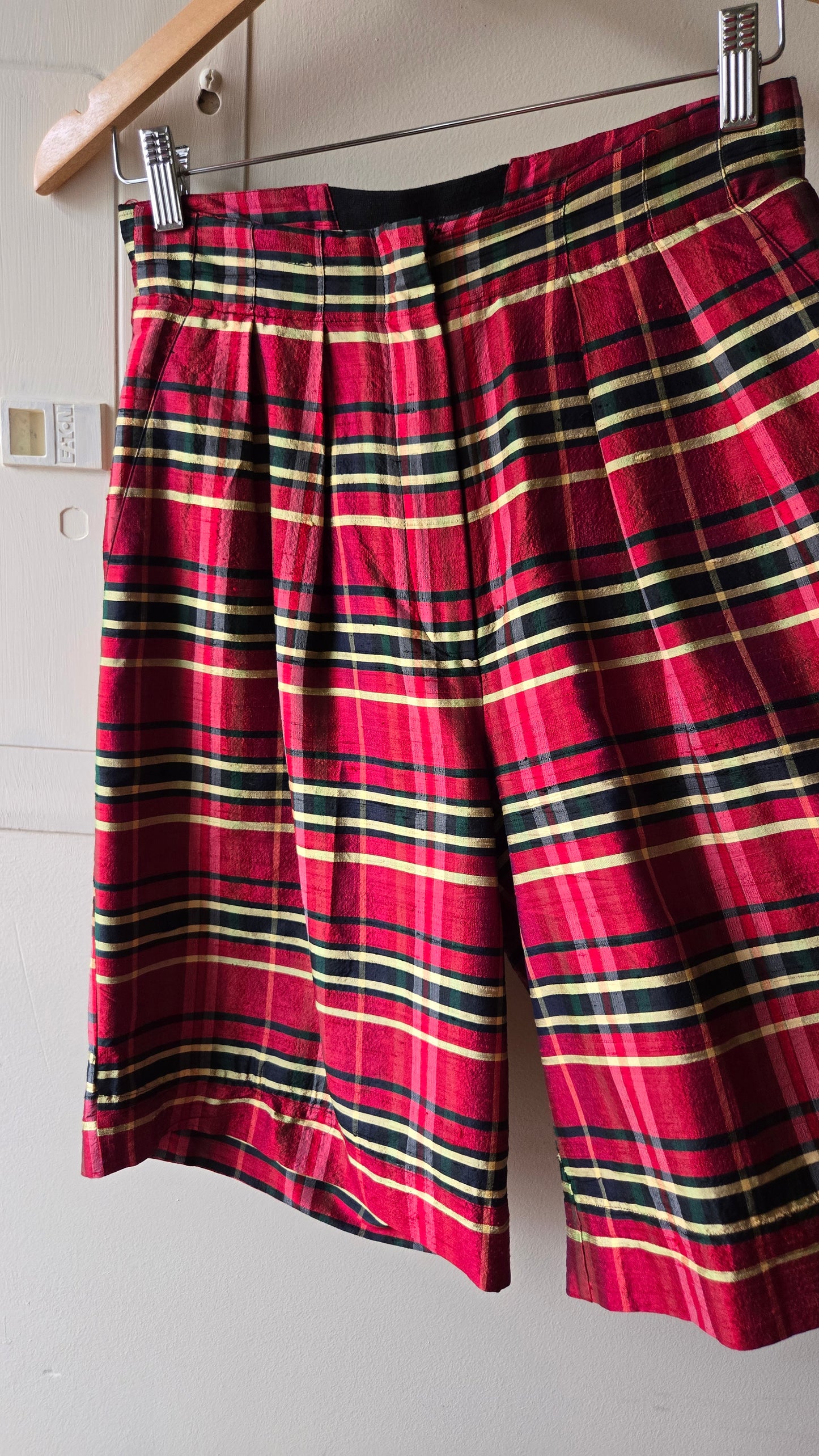 Red silk plaid shorts