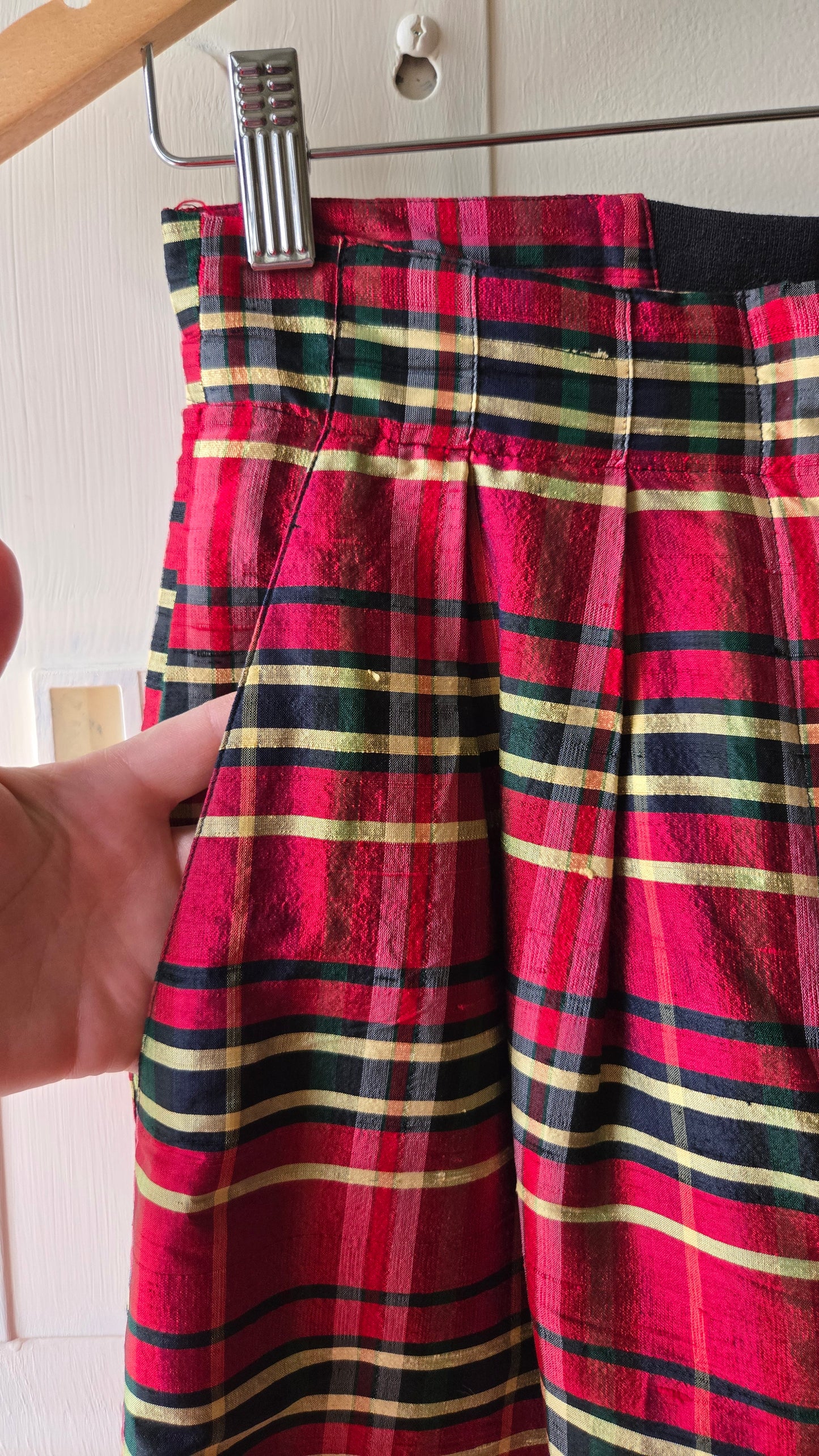 Red silk plaid shorts