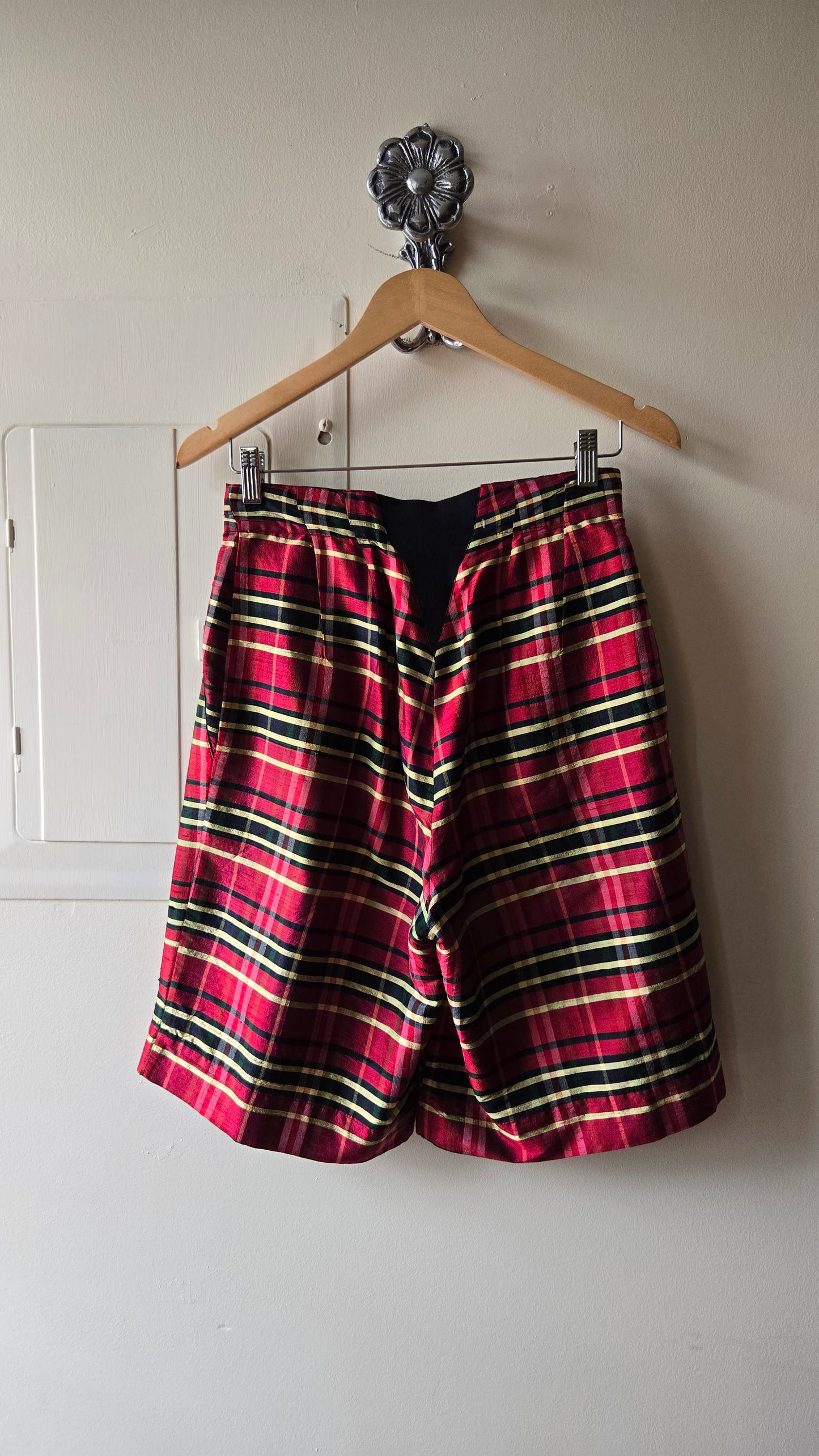 Red silk plaid shorts
