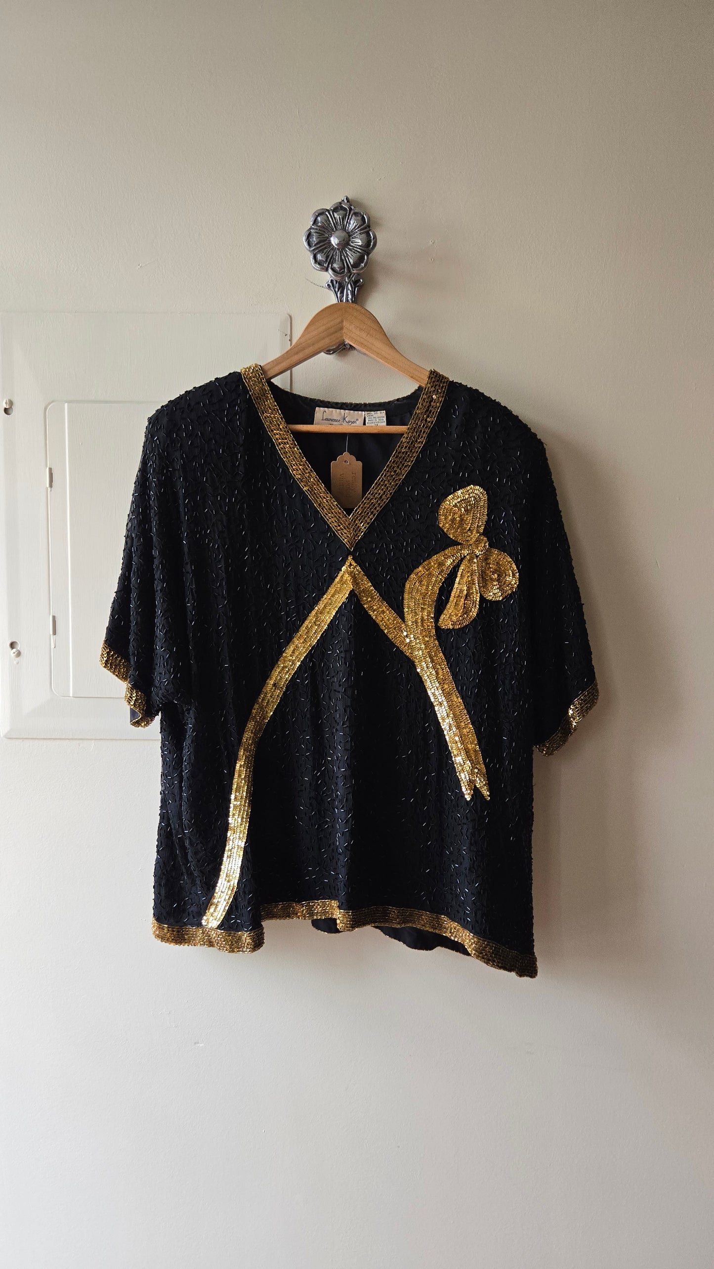 Lawrence Kazar black & gold beaded bow top