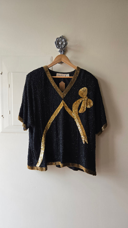 Lawrence Kazar black & gold beaded bow top
