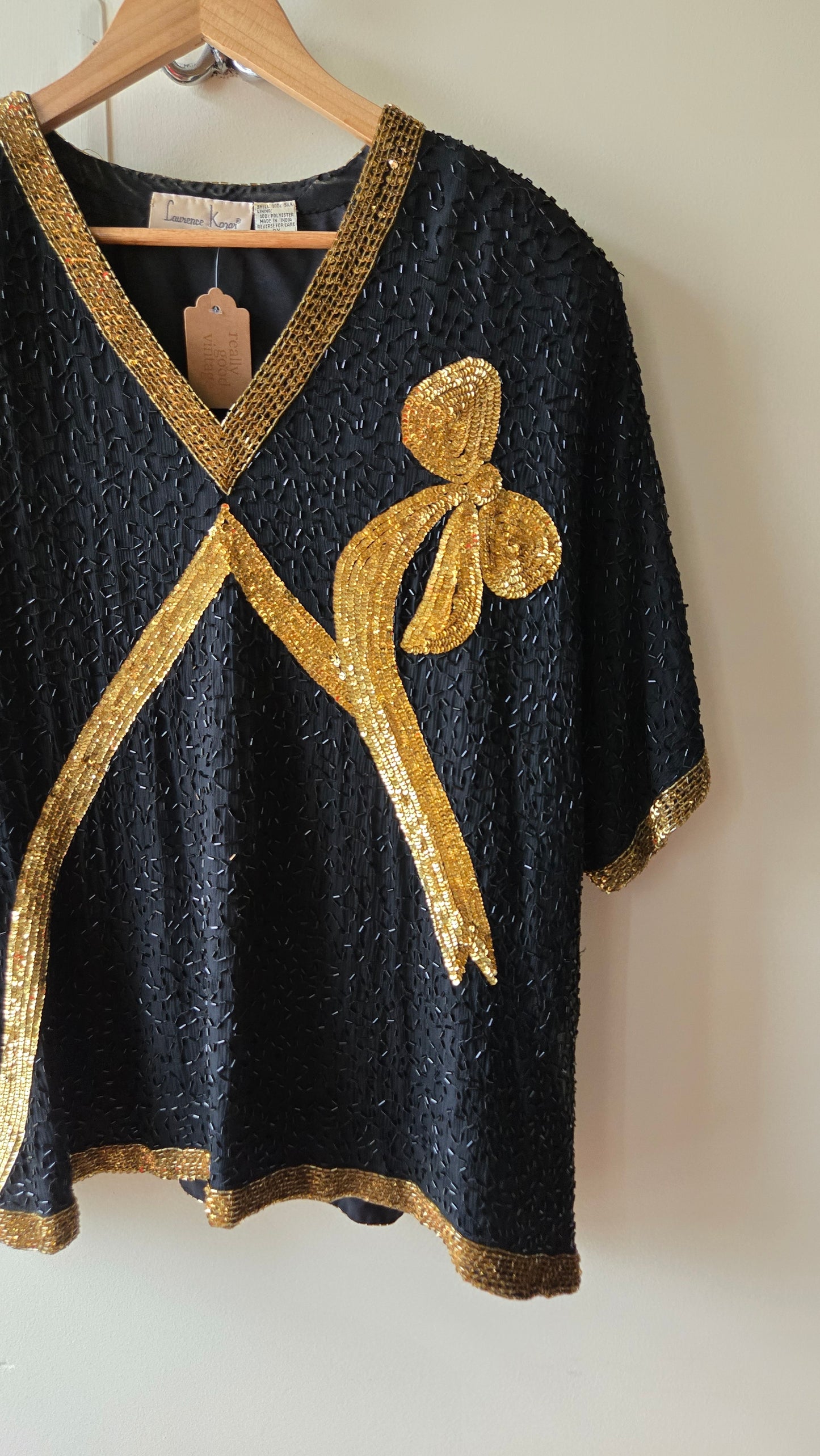 Lawrence Kazar black & gold beaded bow top