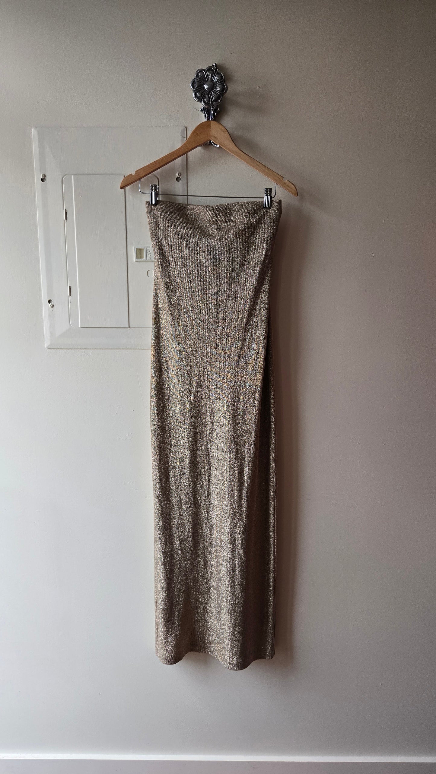 Gold metallic knit tube dress