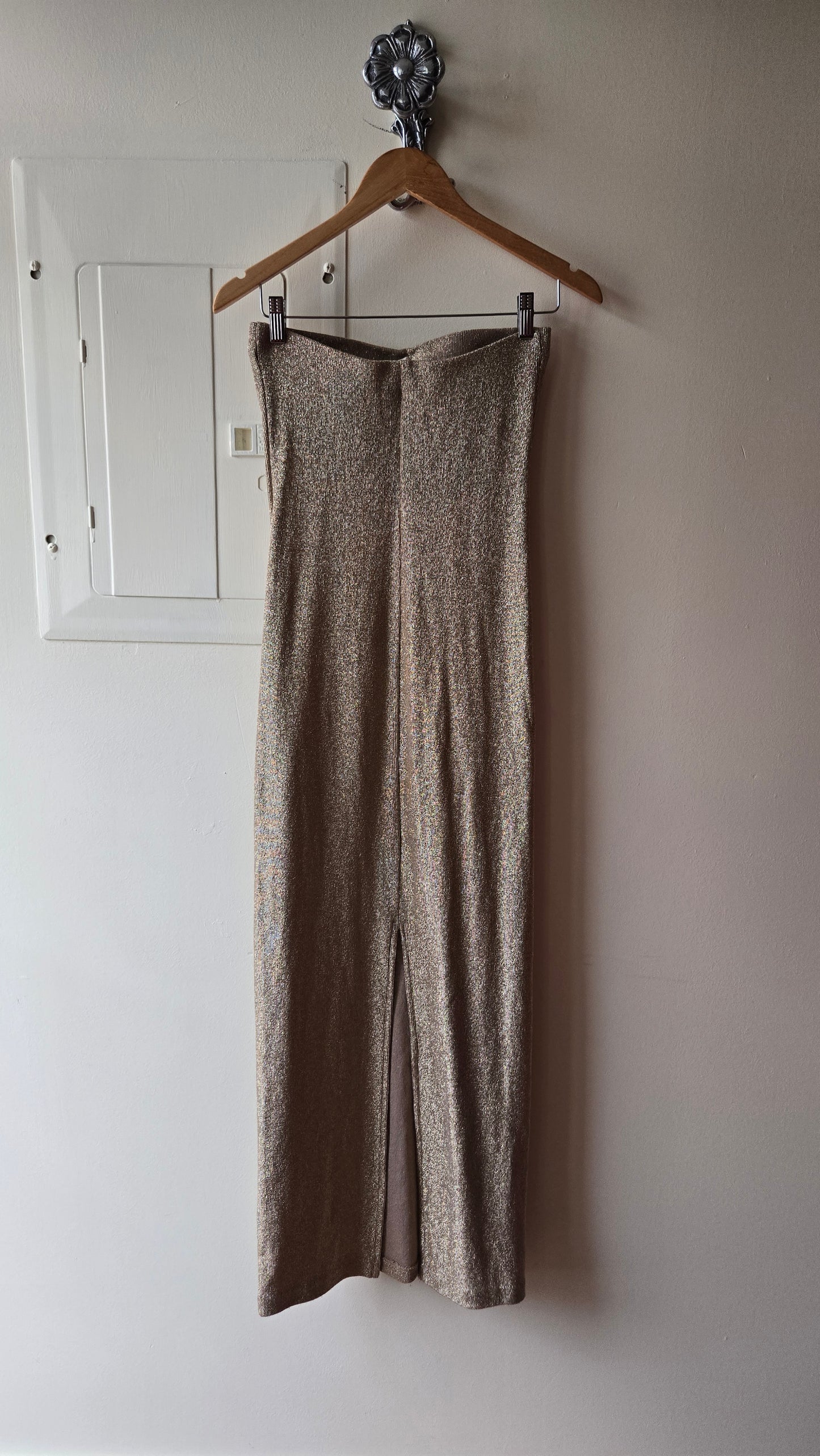 Gold metallic knit tube dress