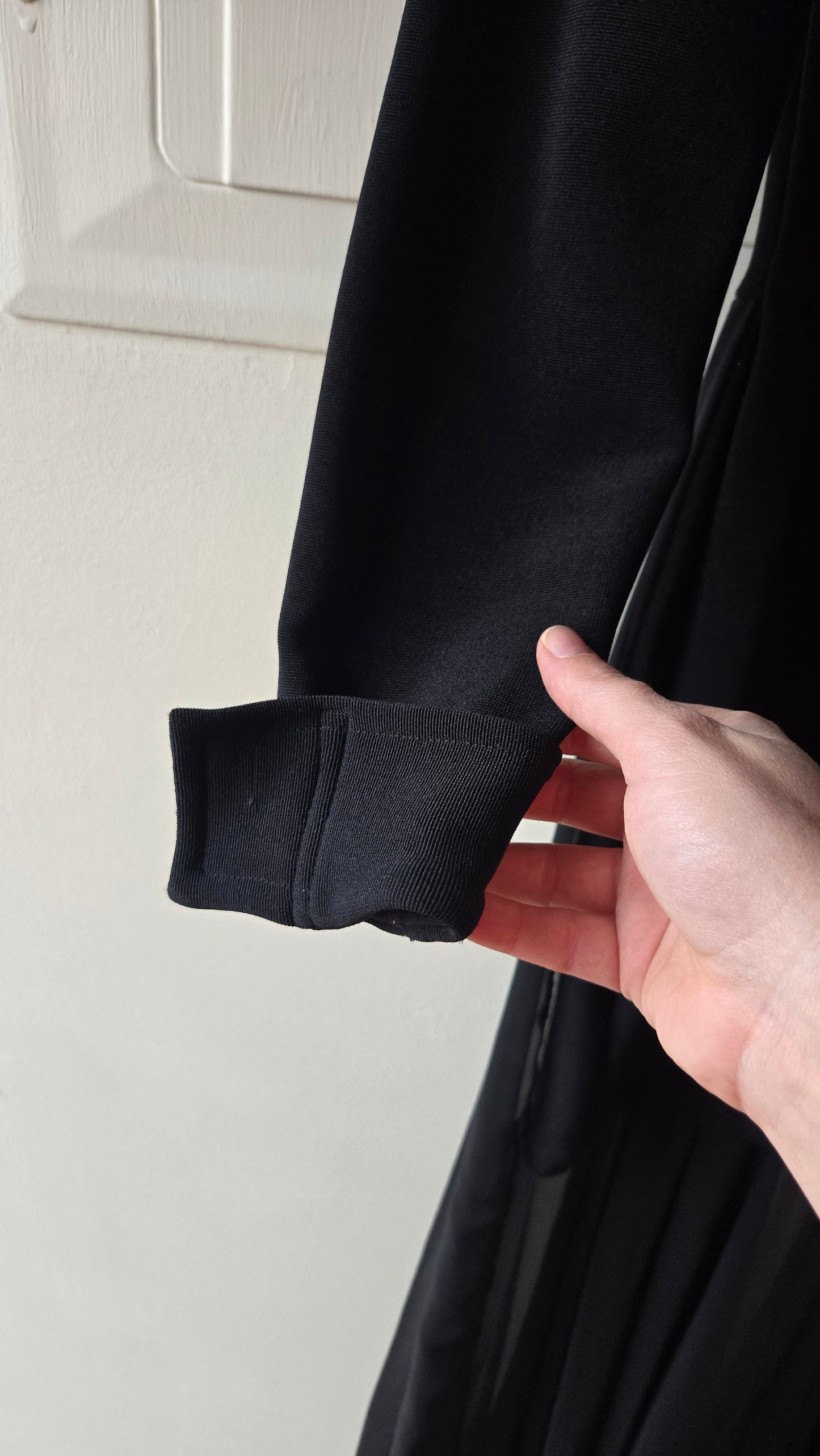 Dana Deatheridge black bodycon mini with sheer train!