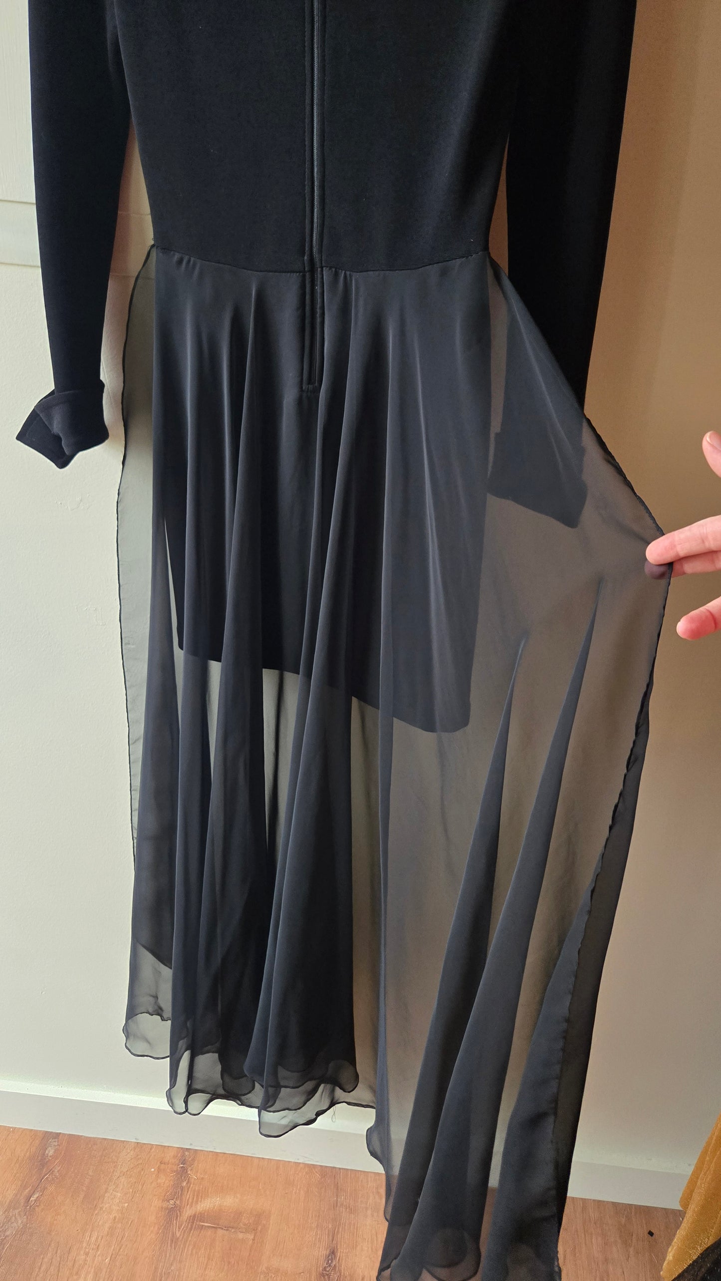 Dana Deatheridge black bodycon mini with sheer train!