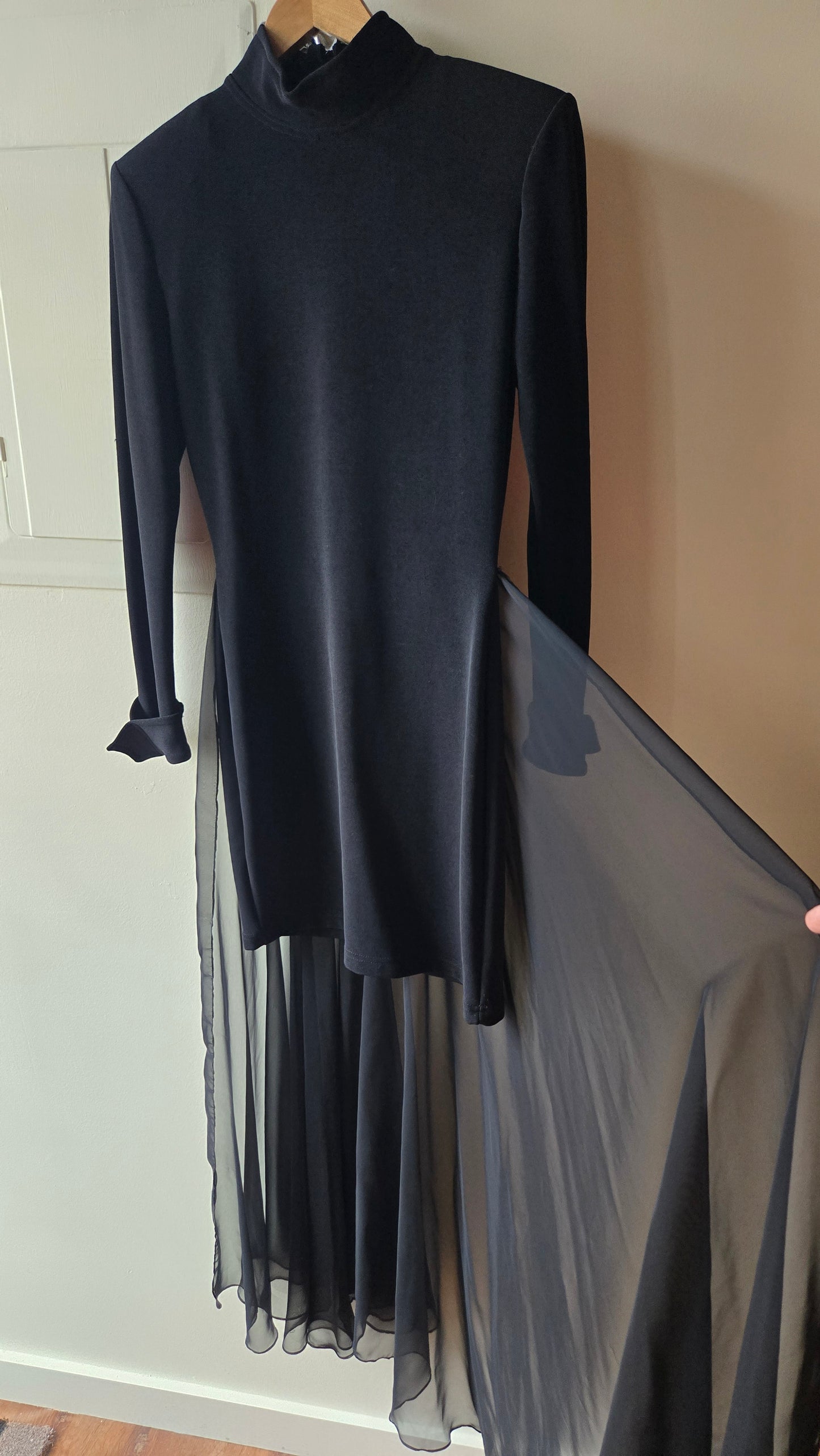 Dana Deatheridge black bodycon mini with sheer train!