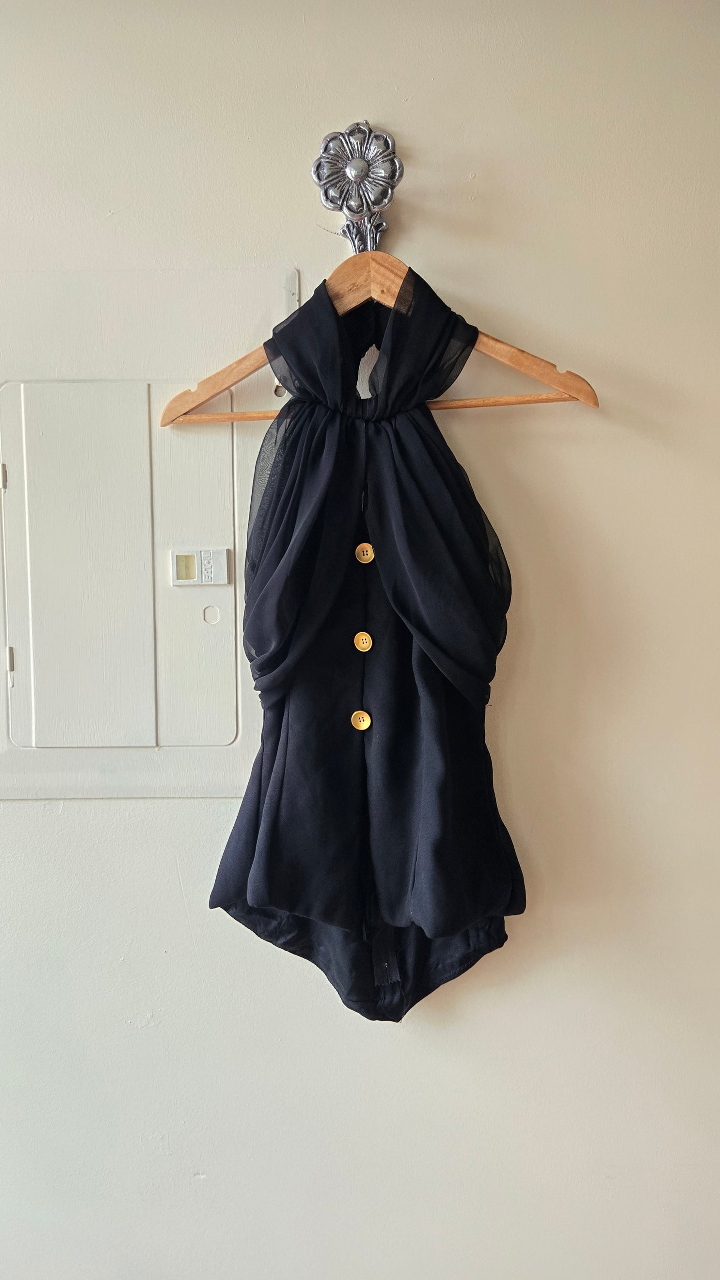 Sheer detail halter top w gold buttons