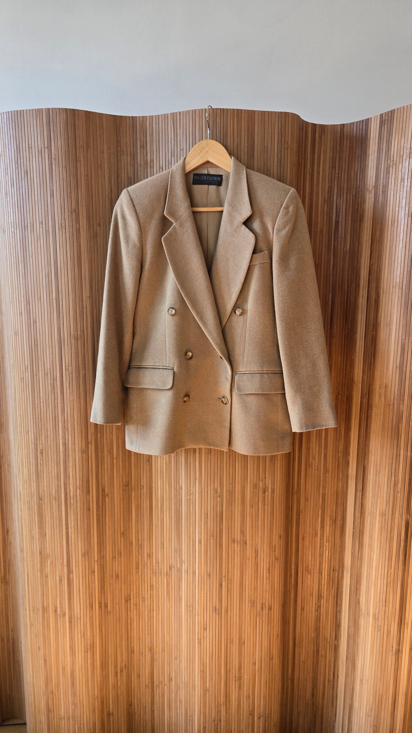 Tan camel hair double breasted blazer
