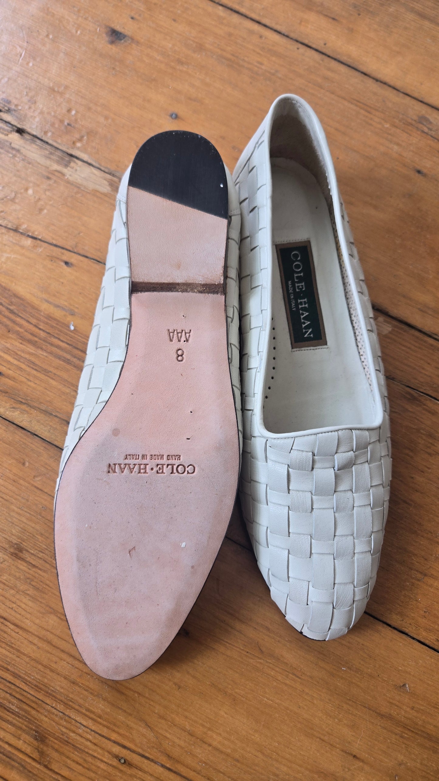 Cole Haan white woven leather loafers