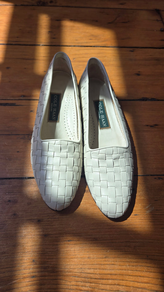 Cole Haan white woven leather loafers