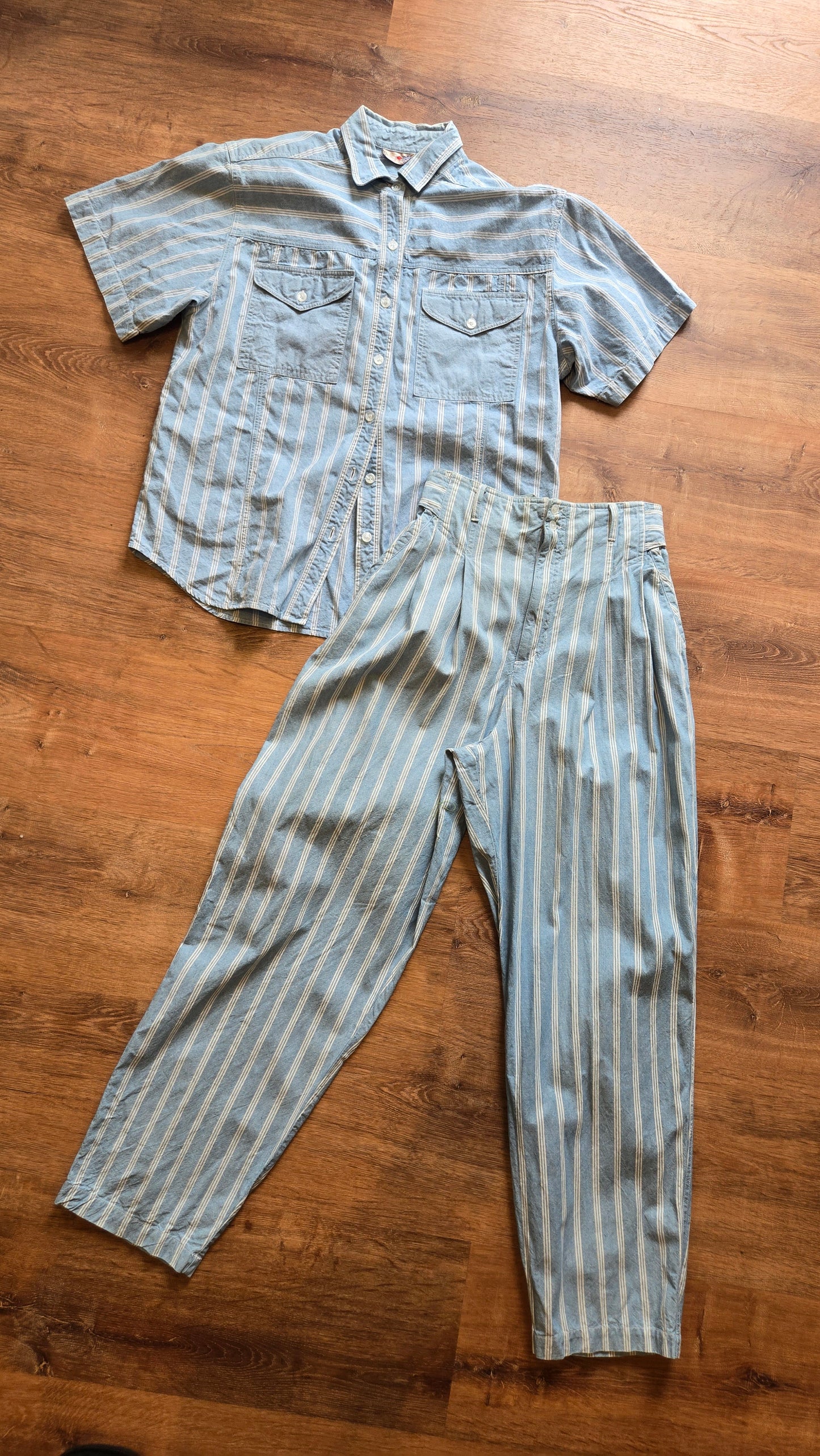 French Navy striped chambray pant set