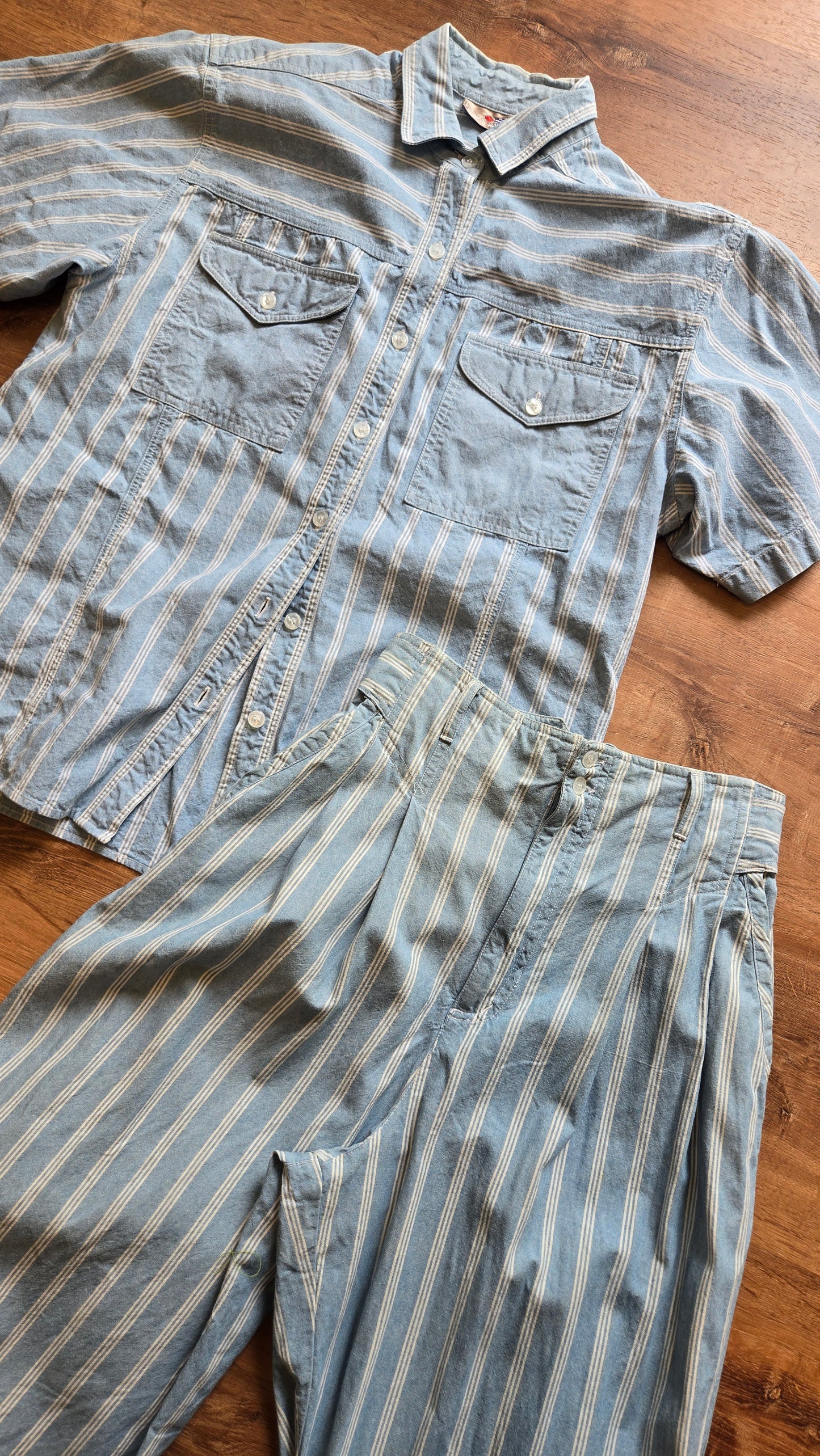 French Navy striped chambray pant set