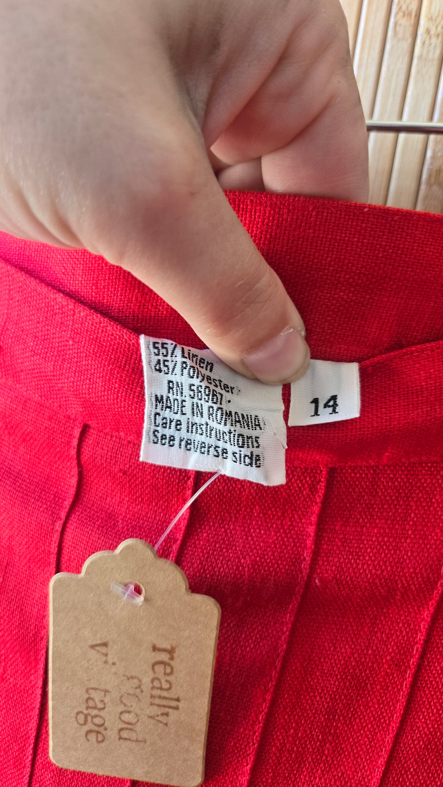 Red heavy linen pleated skirt