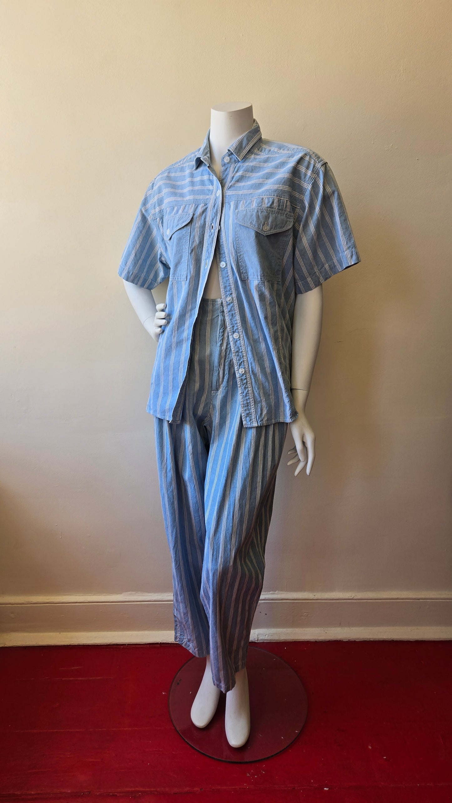 French Navy striped chambray pant set