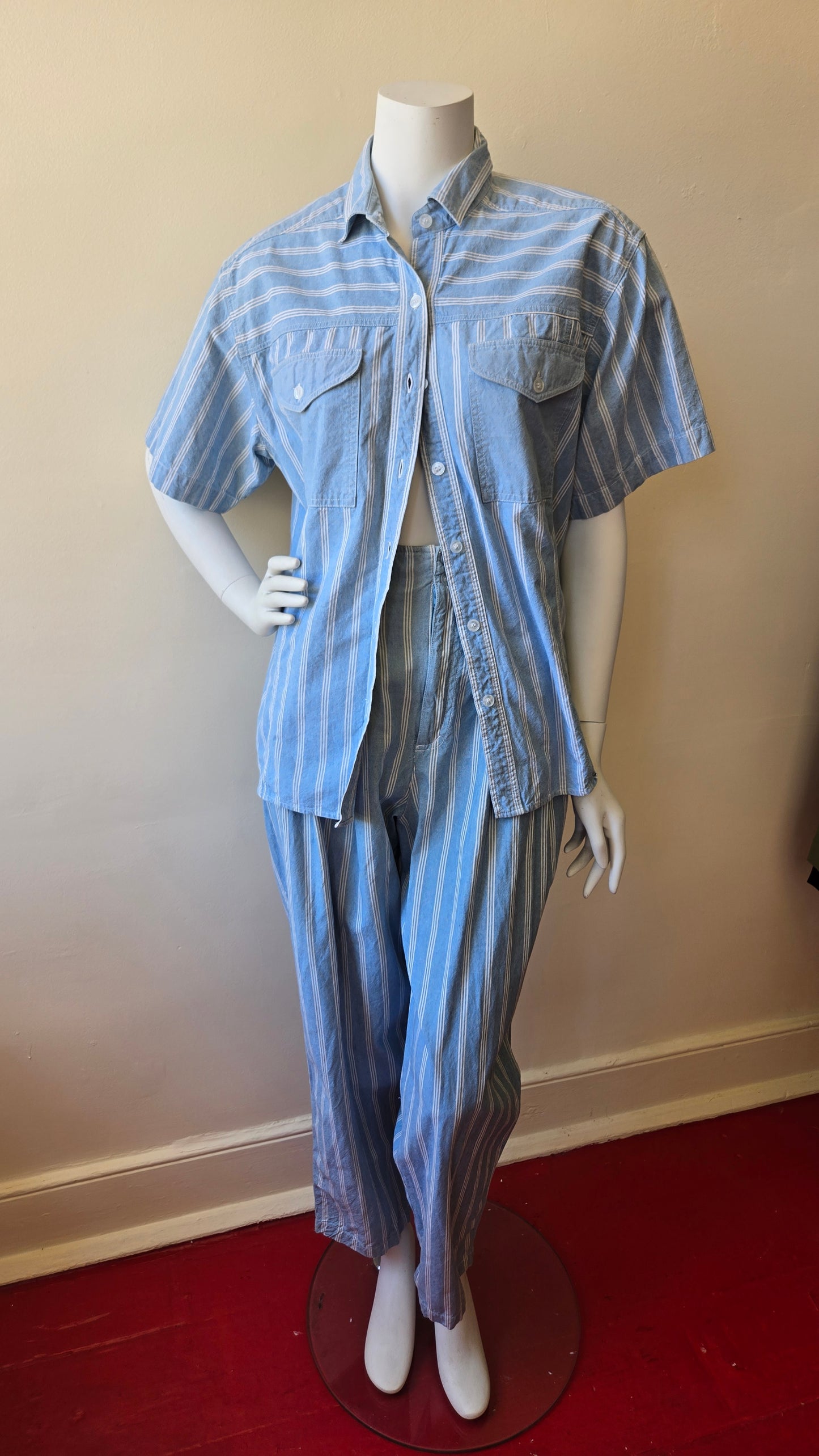 French Navy striped chambray pant set