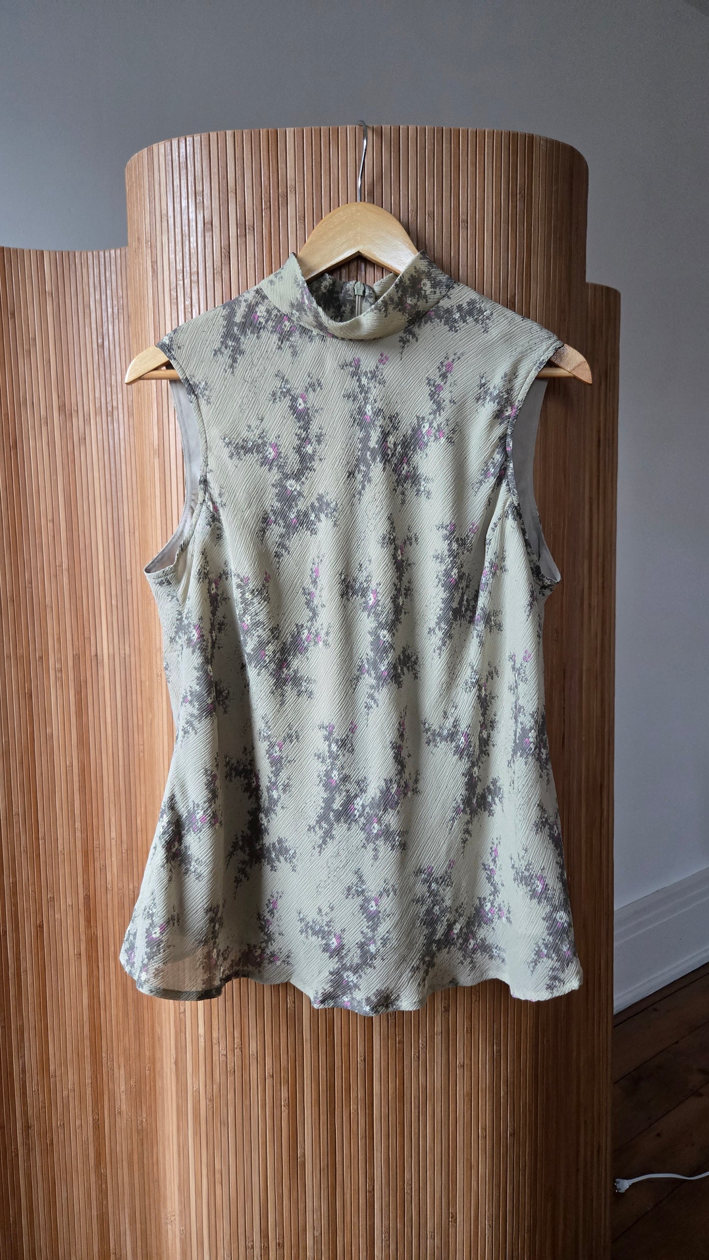 Silk floral bias mock neck