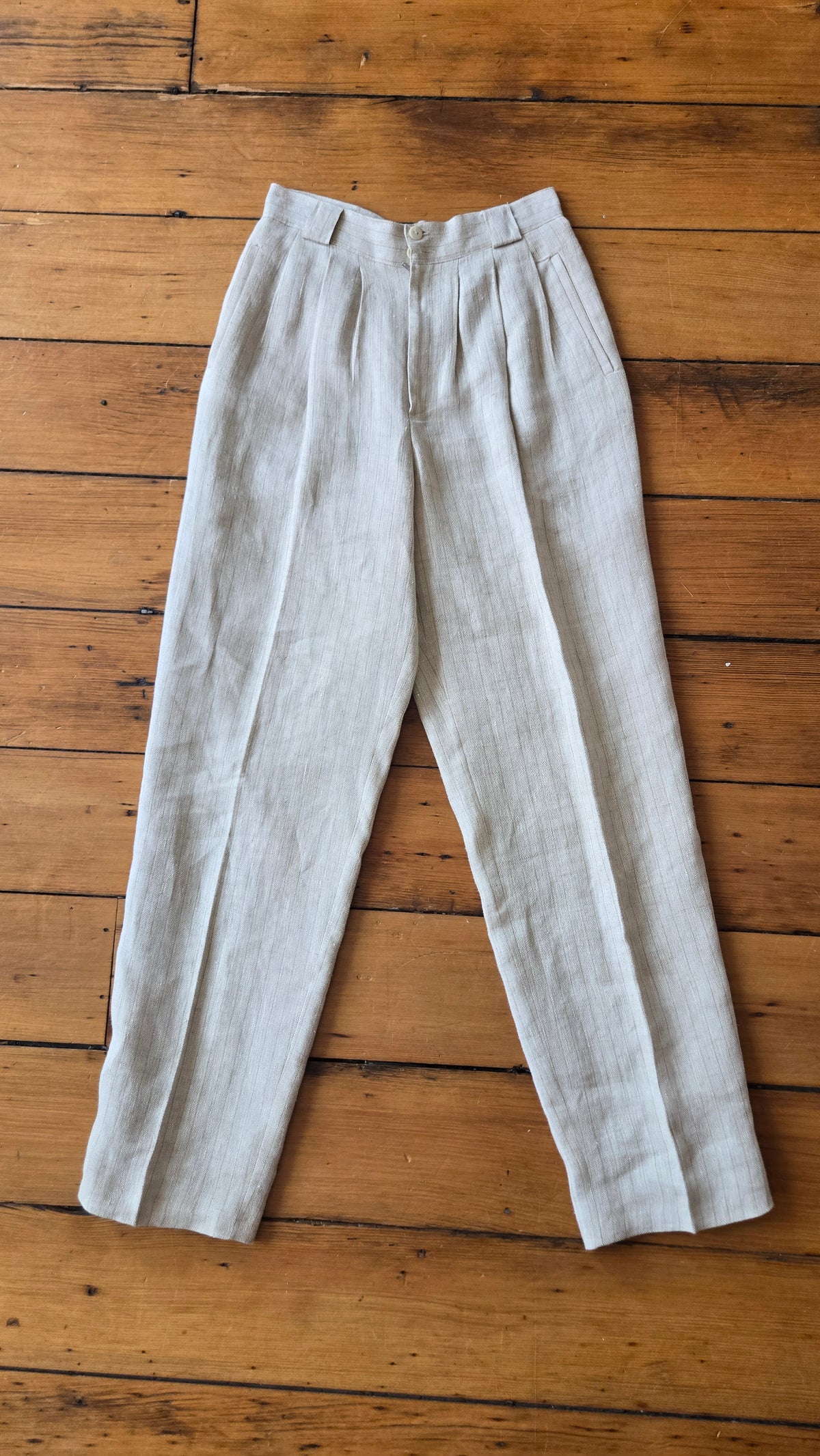 Oatmeal pinstripe linen trousers
