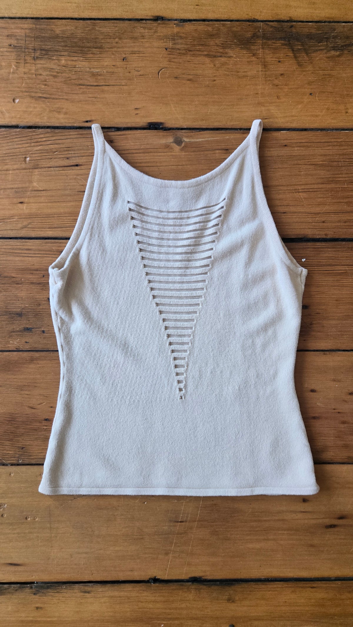Beige knit tank with sheer strips