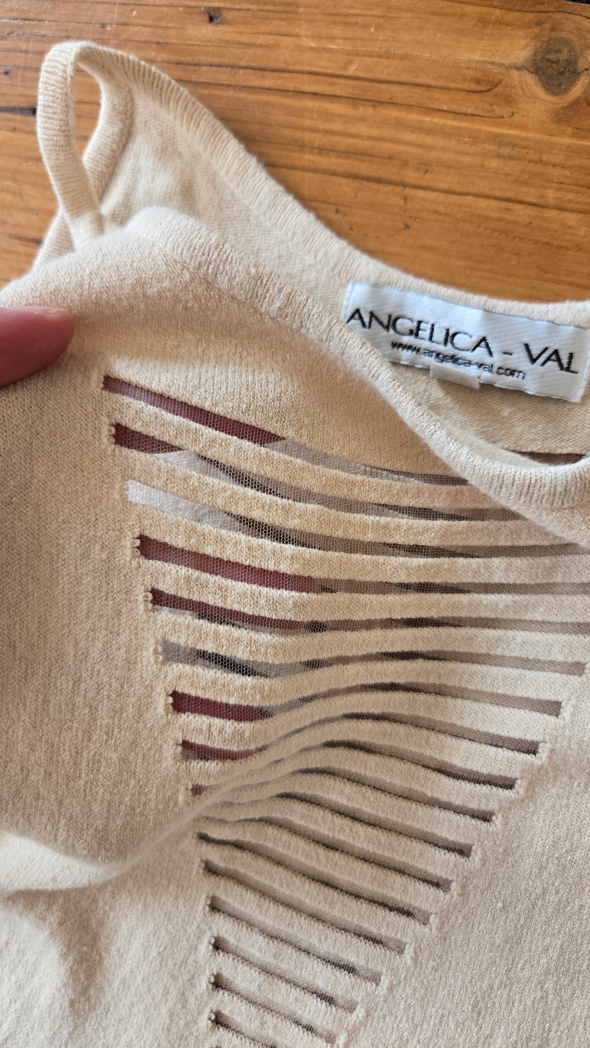 Beige knit tank with sheer strips