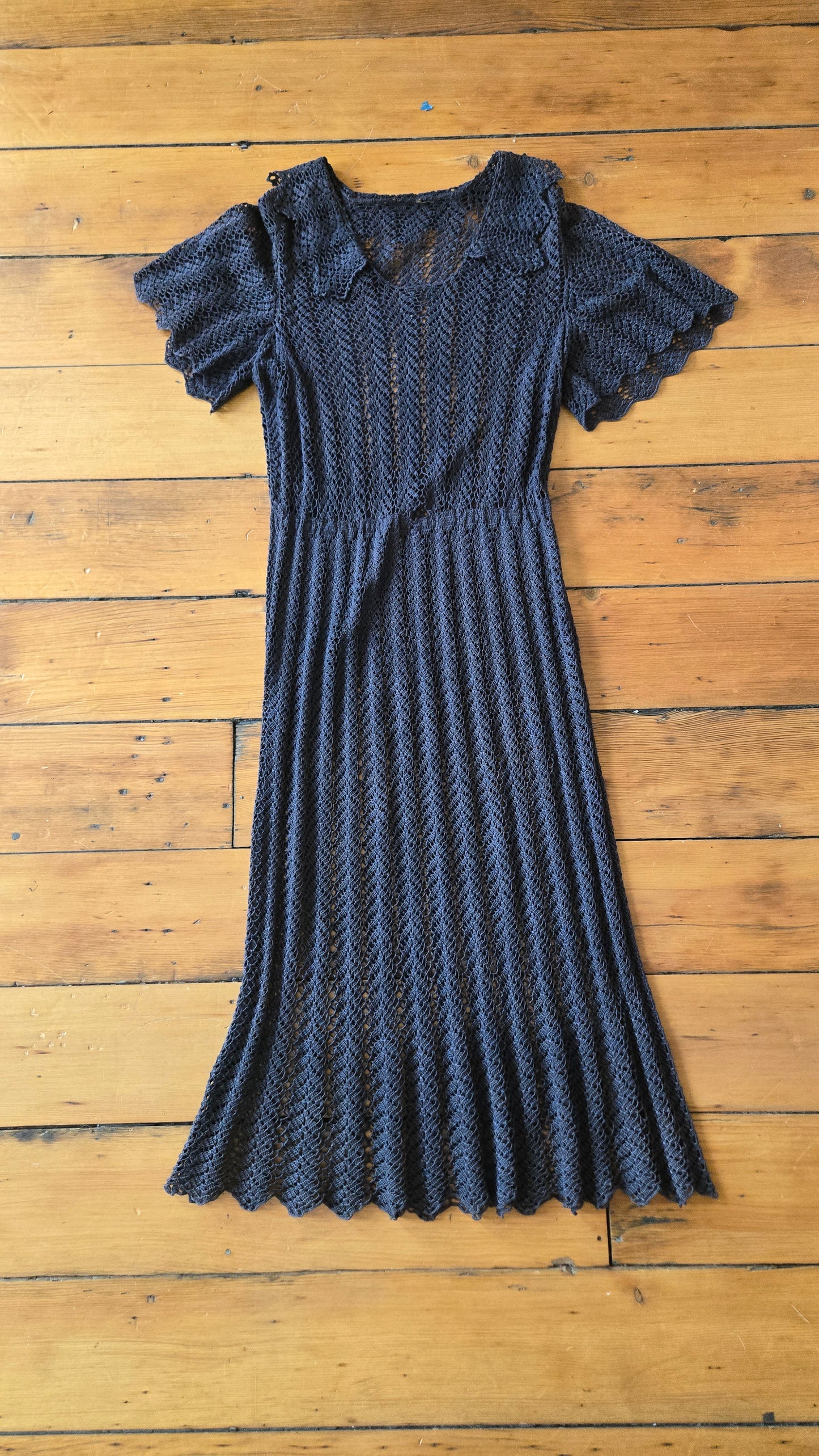 1930s charcoal crochet flutter sleeve gown