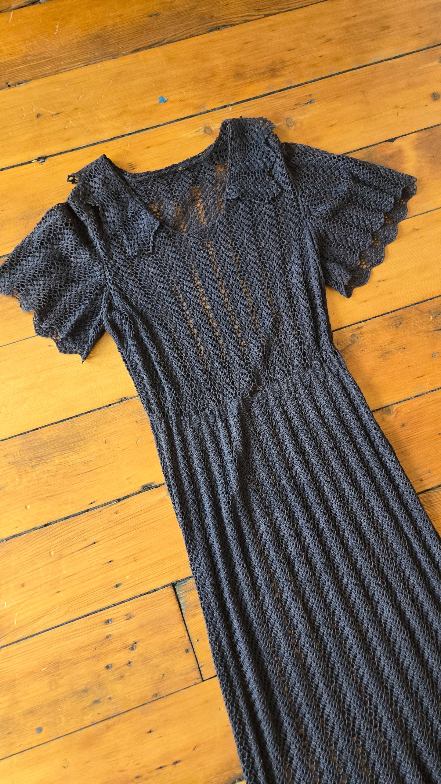 1930s charcoal crochet flutter sleeve gown