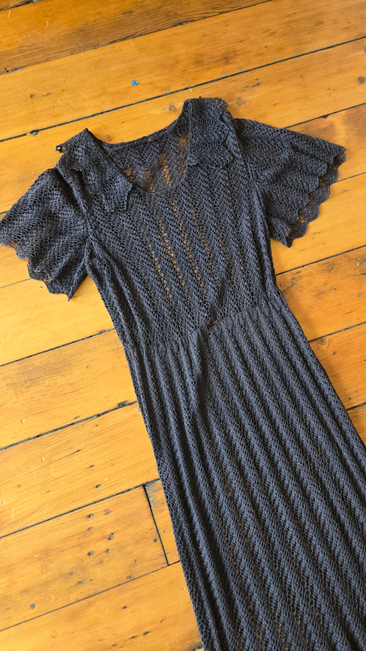 1930s charcoal crochet flutter sleeve gown