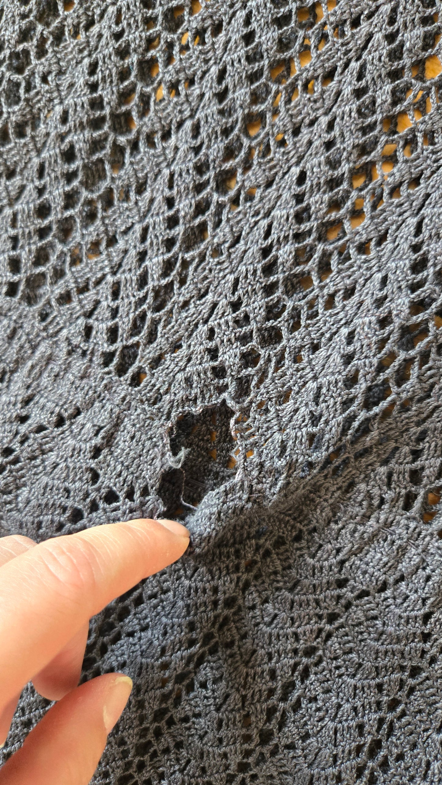 1930s charcoal crochet flutter sleeve gown